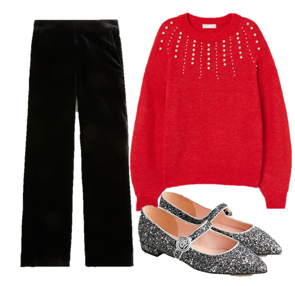 festive christmas outfit, velvet trousers, pearl sweater
