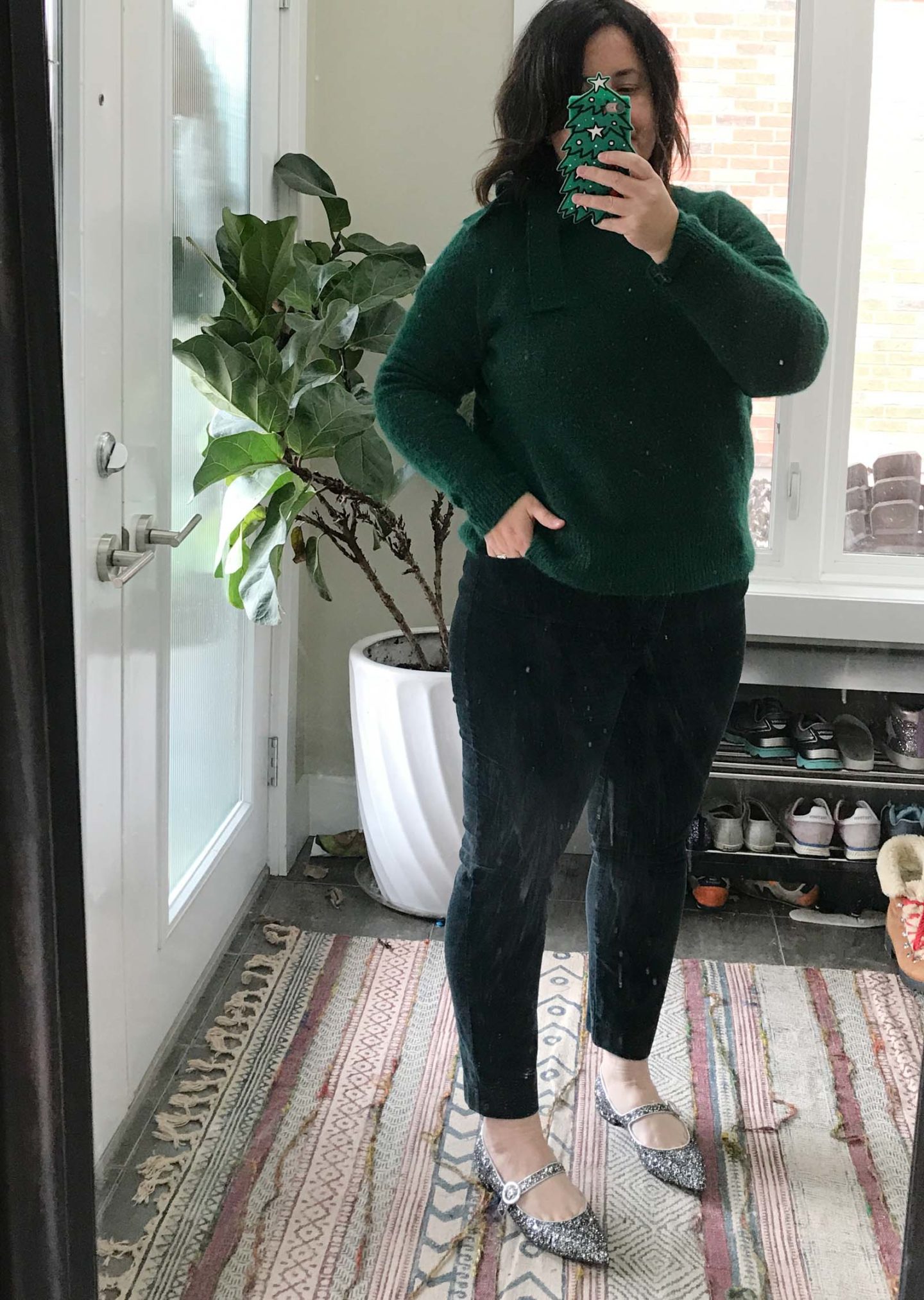 green monochrome outfit with sparkly flats, christmas outfit ideas