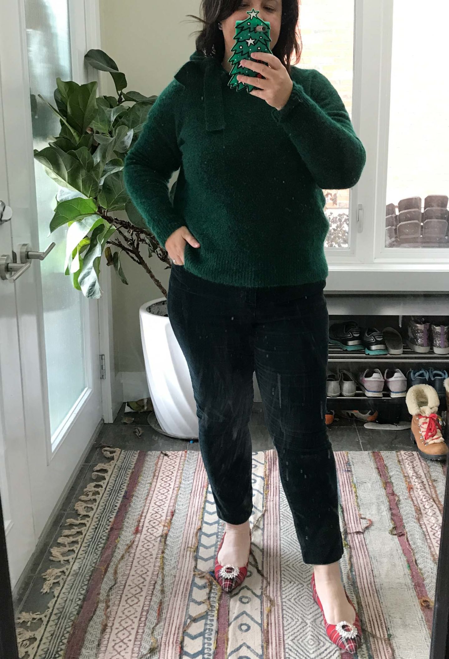 monochrome green outfit with plaid flats, christmas outfit ideas