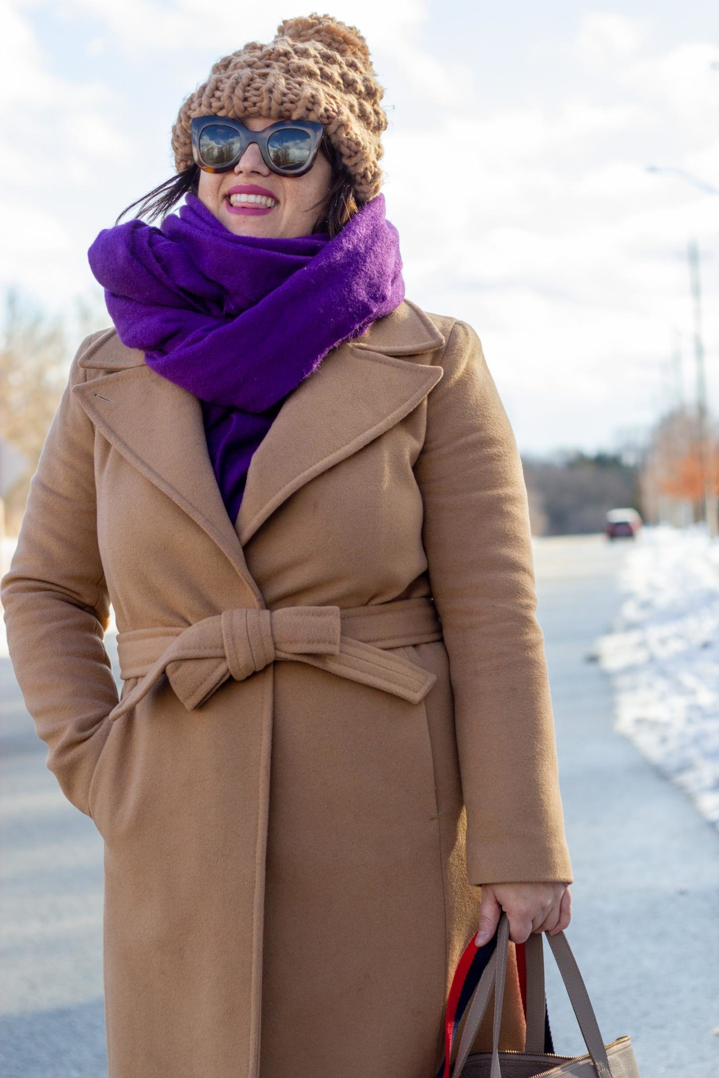 camel coat with purple scarf winter outfit