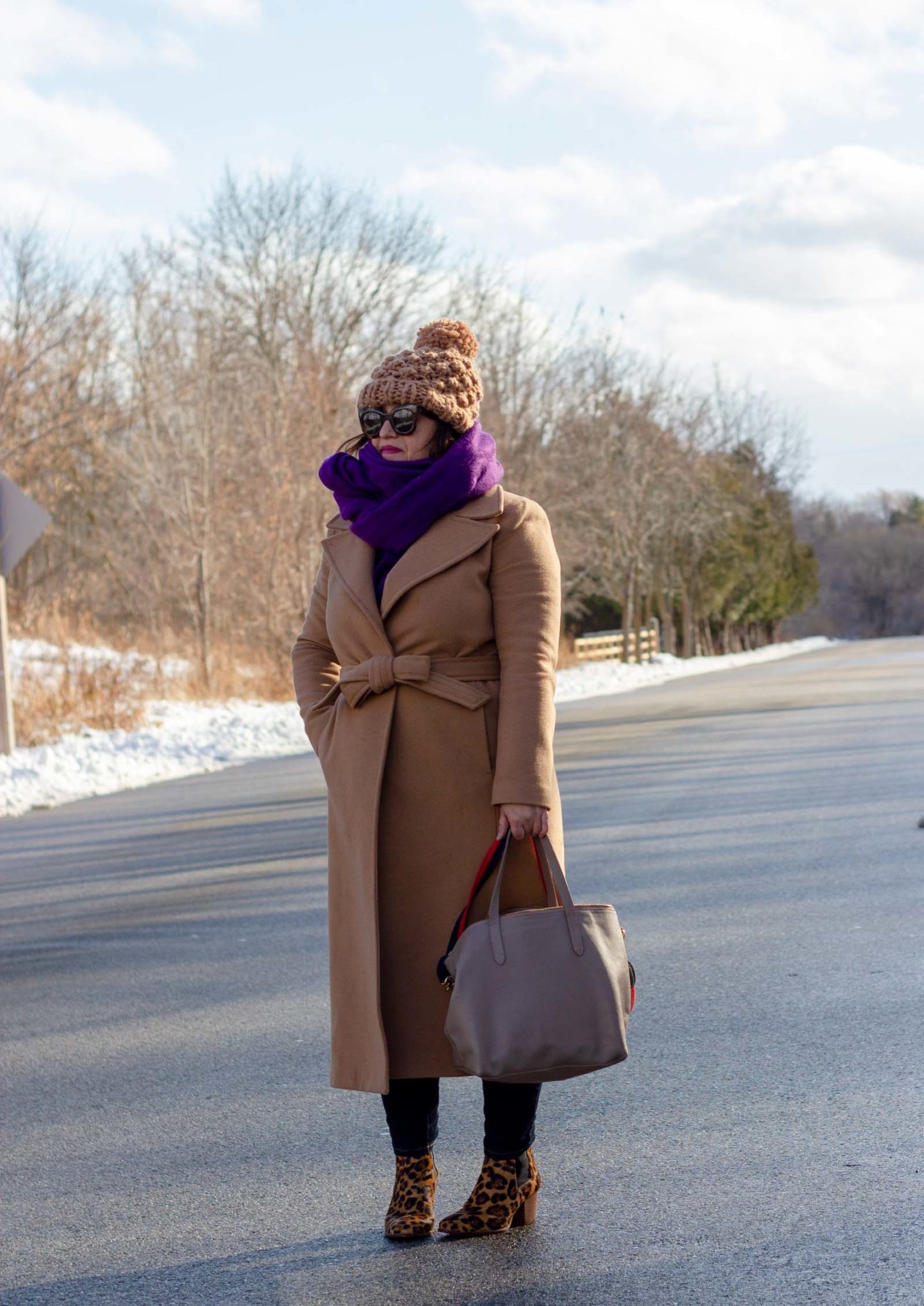 camel coat with purple scarf winter outfit