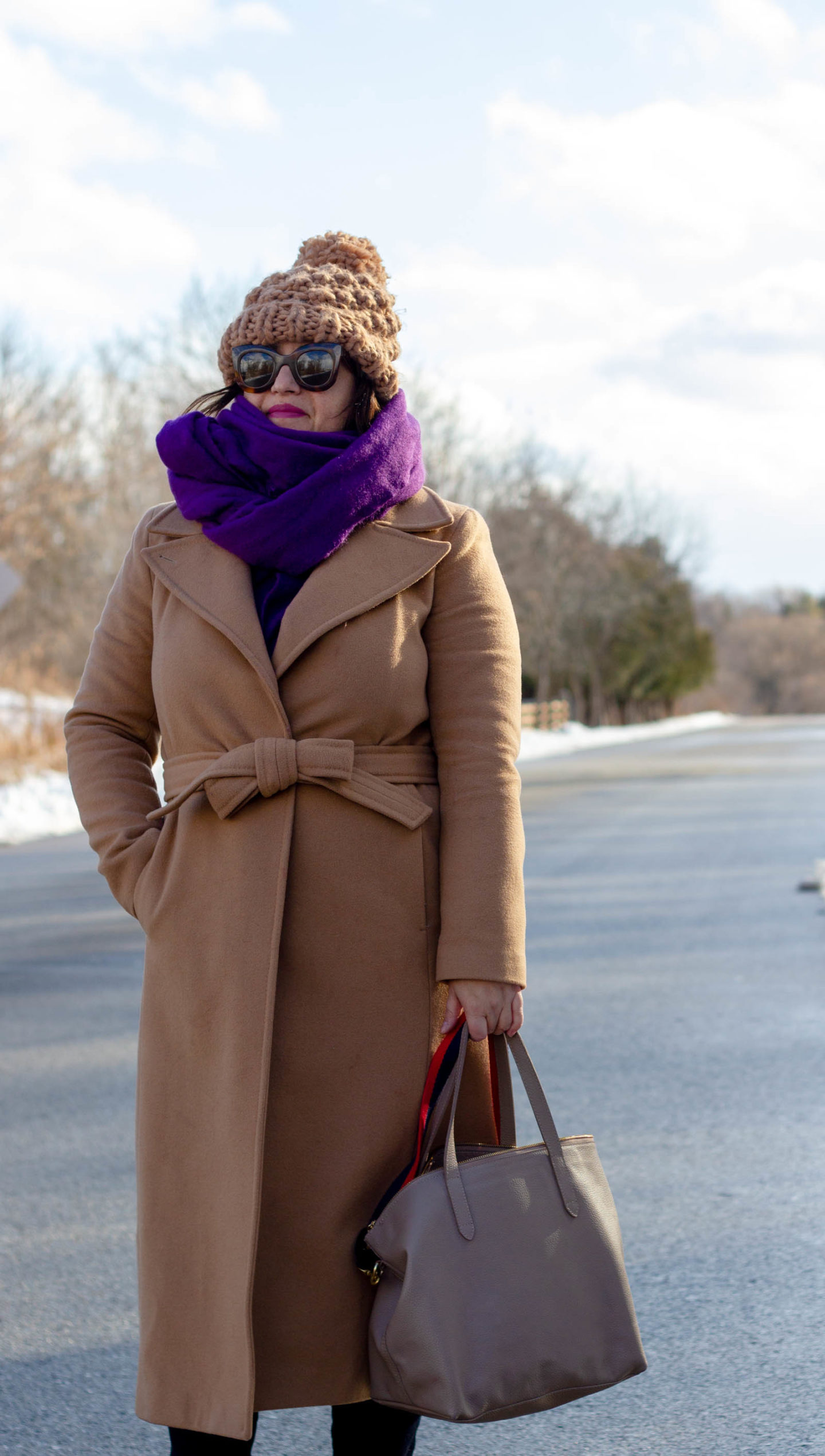 camel coat with purple scarf winter outfit