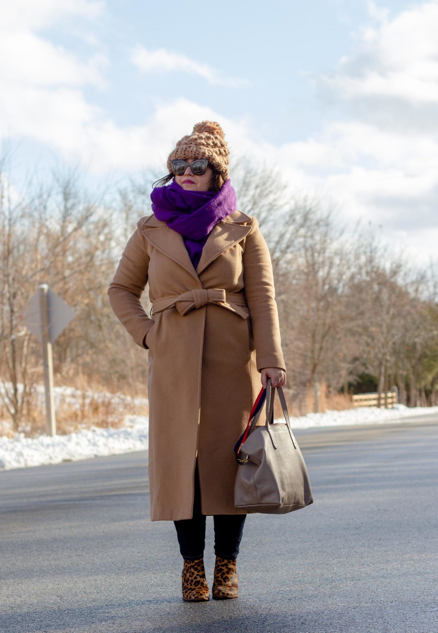 camel coat with purple scarf winter outfit