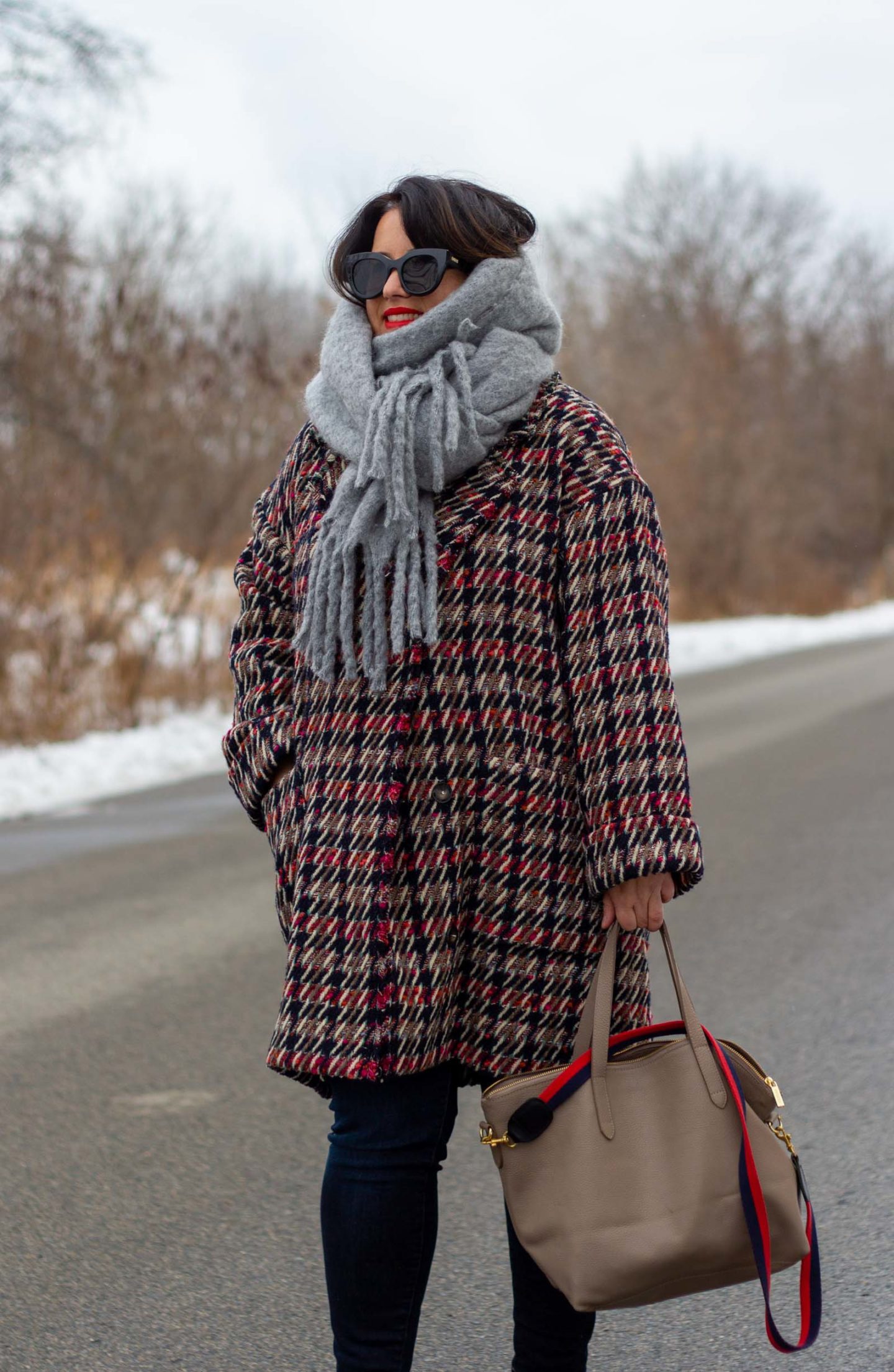 Sezane coat with grey scarf