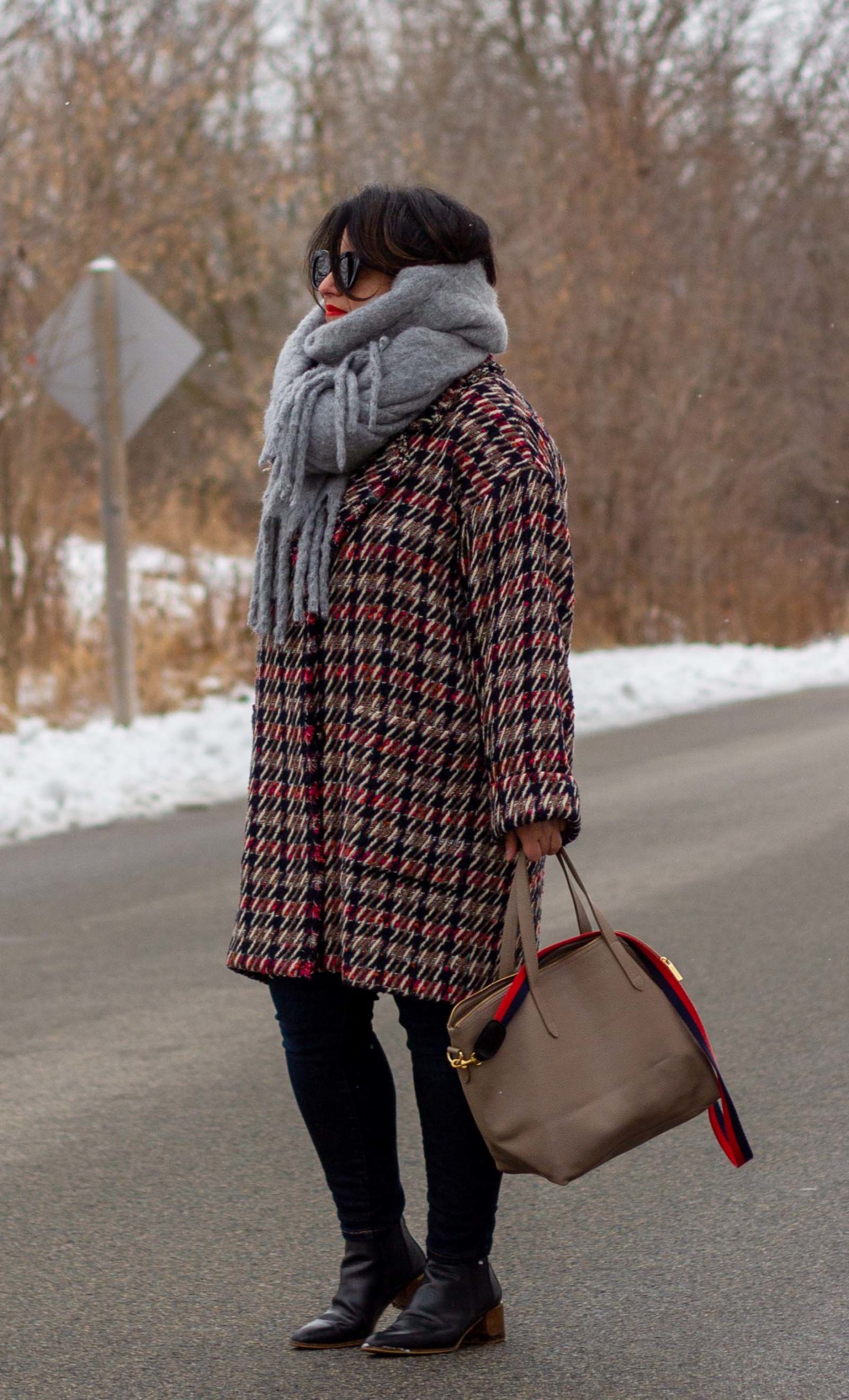 sezane coat with grey scarf