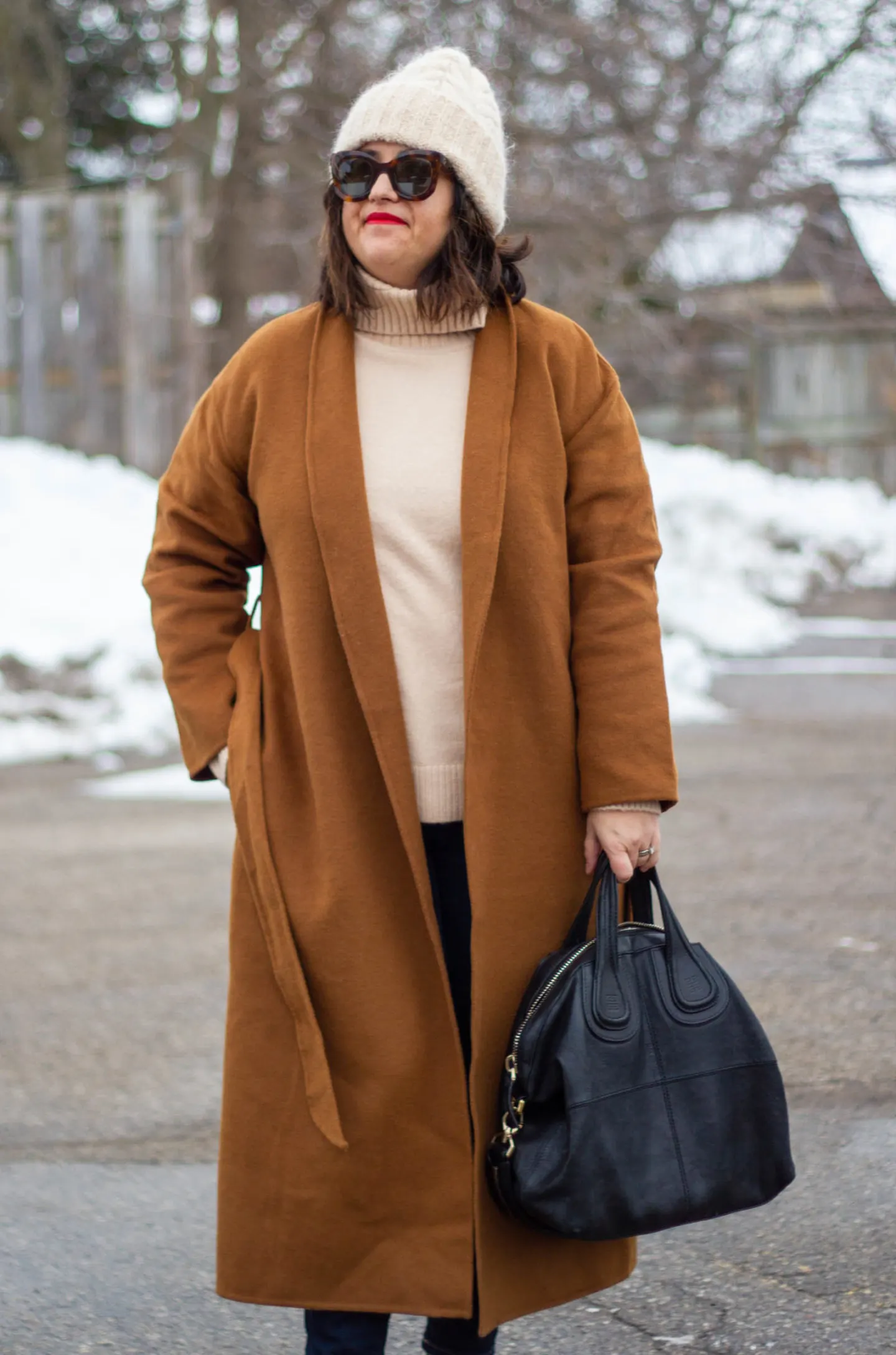 long brown coat outfit