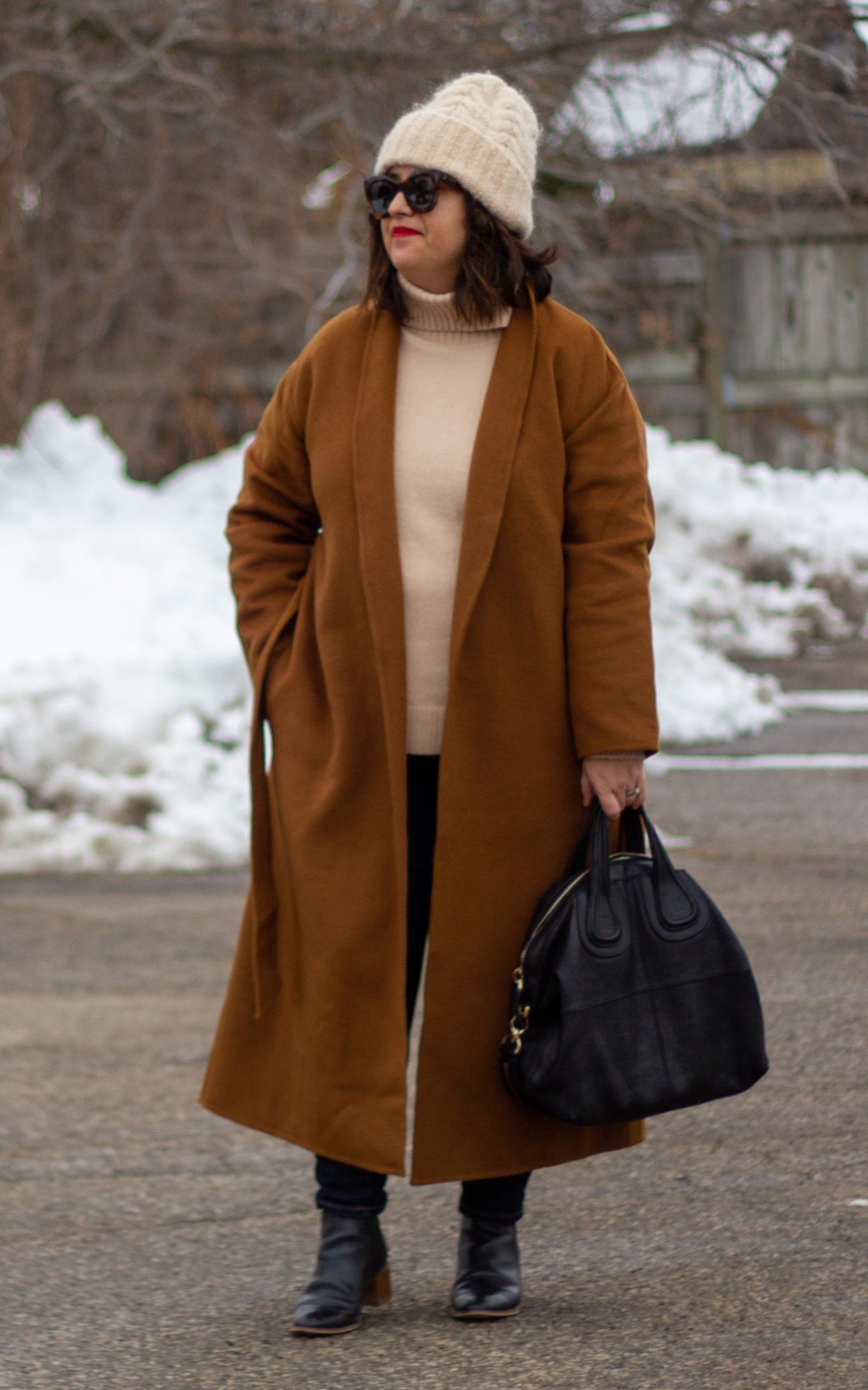 long brown winter coat outfit