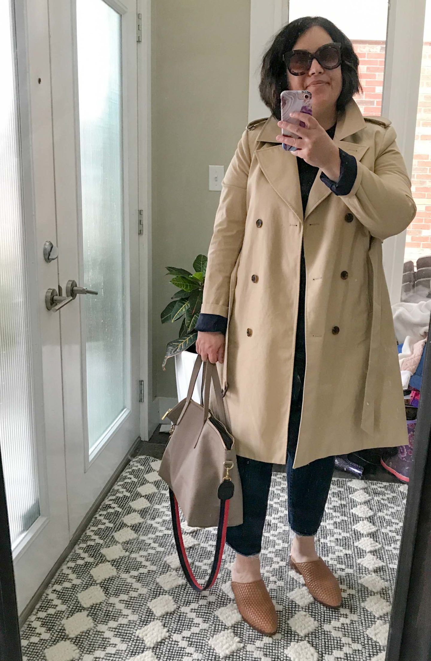 trench outfit with woven mules