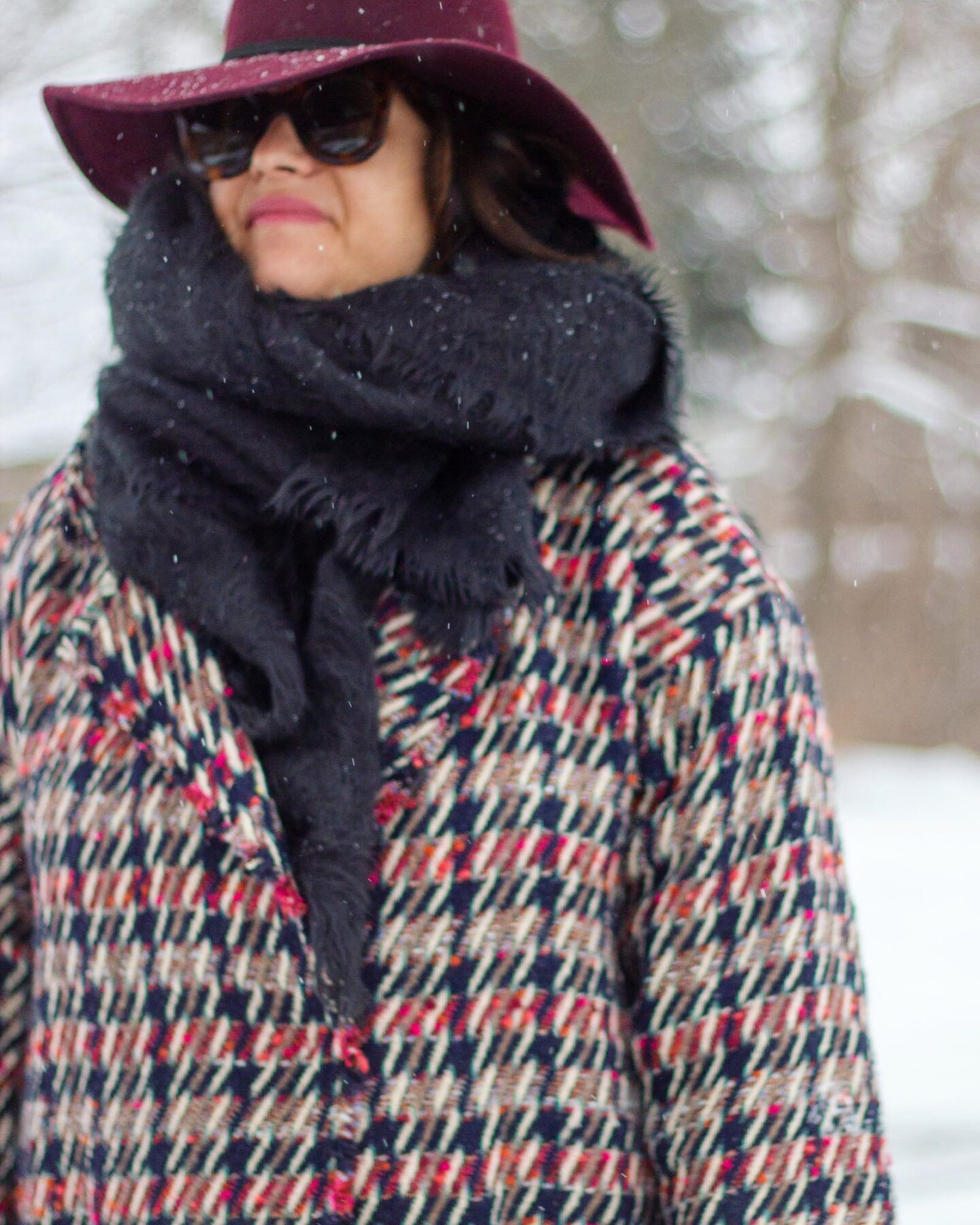 black blanket scarf and sezane coat