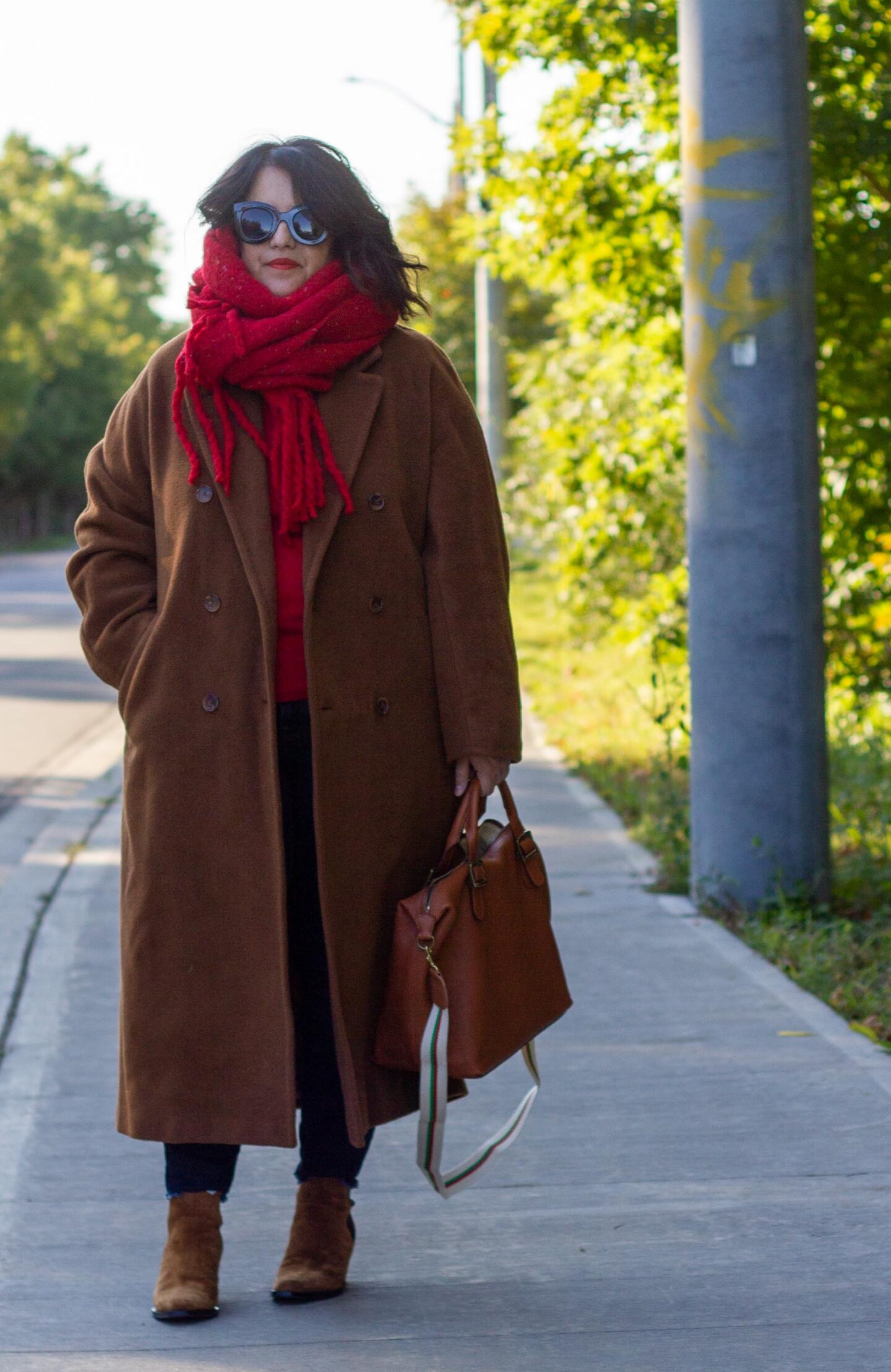 dark camel coat with red