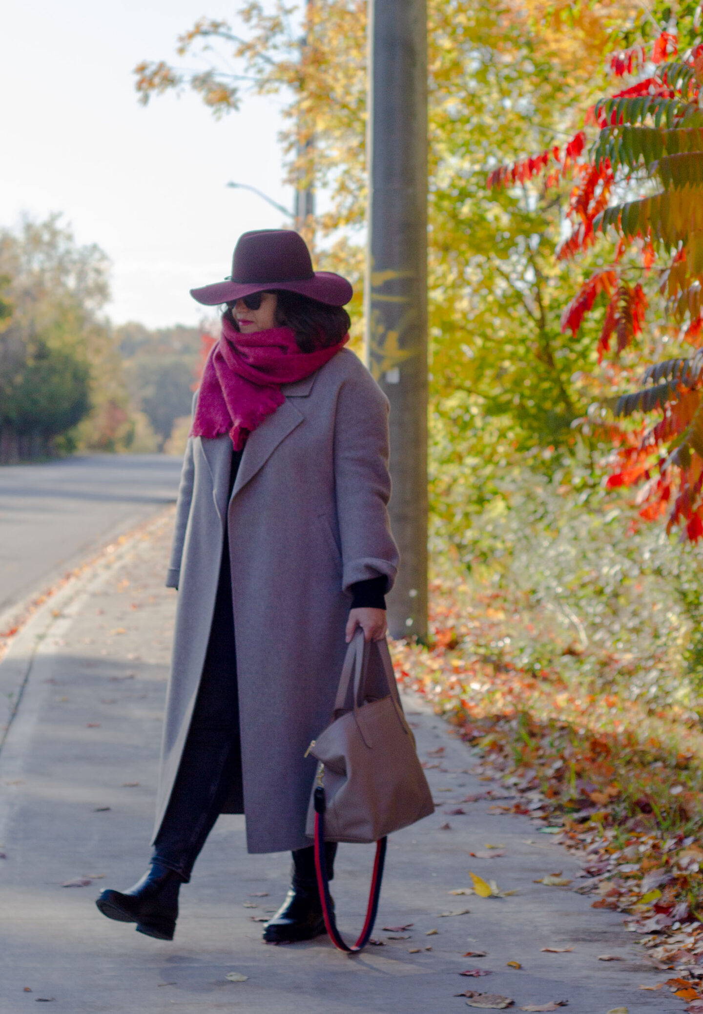 the curated tailored coat, berry pink scarf