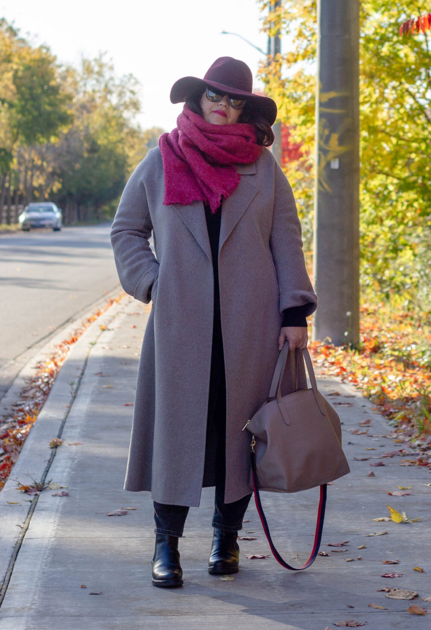 the curated tailored coat, berry coloured scarf
