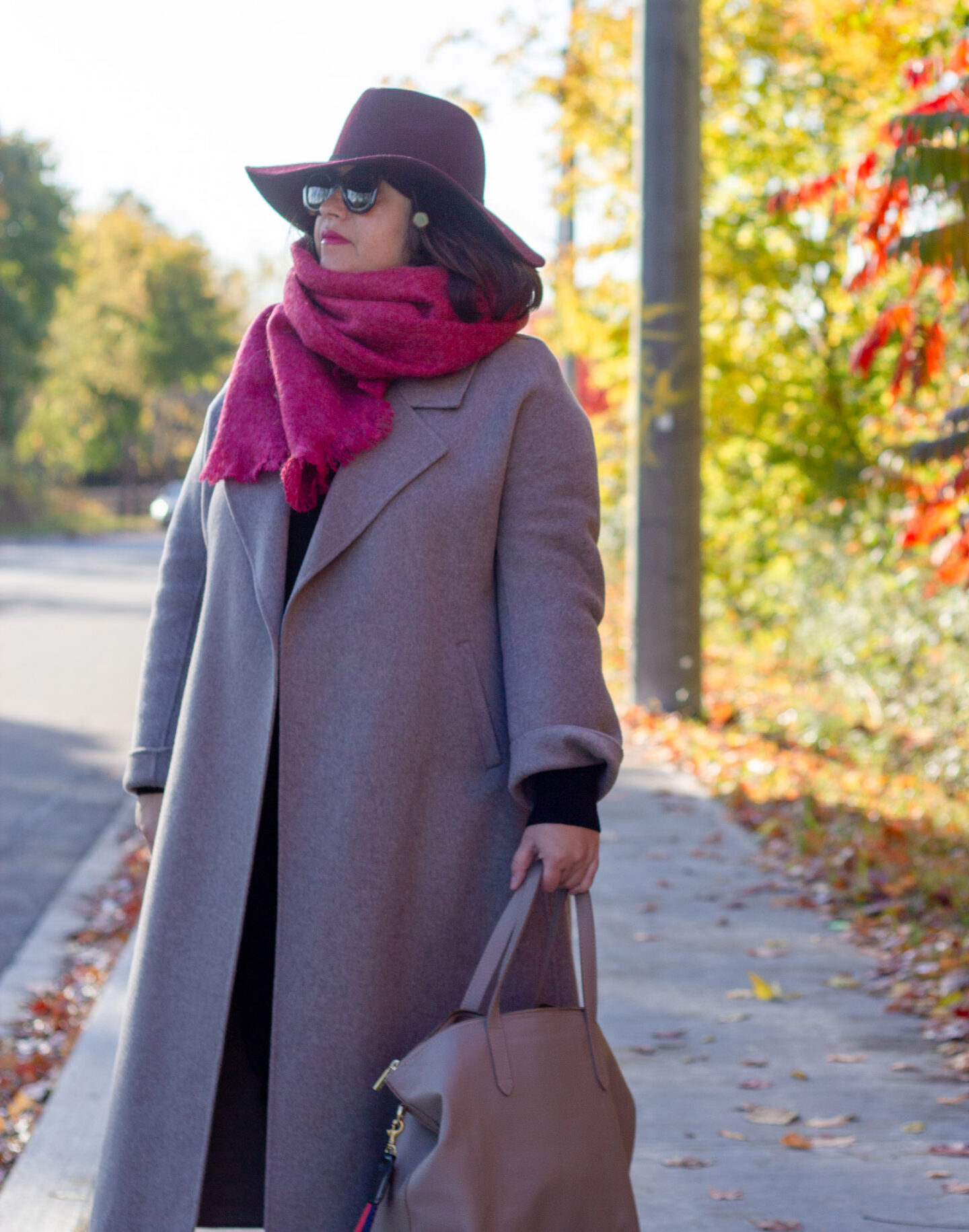 greige coat with berry scarf