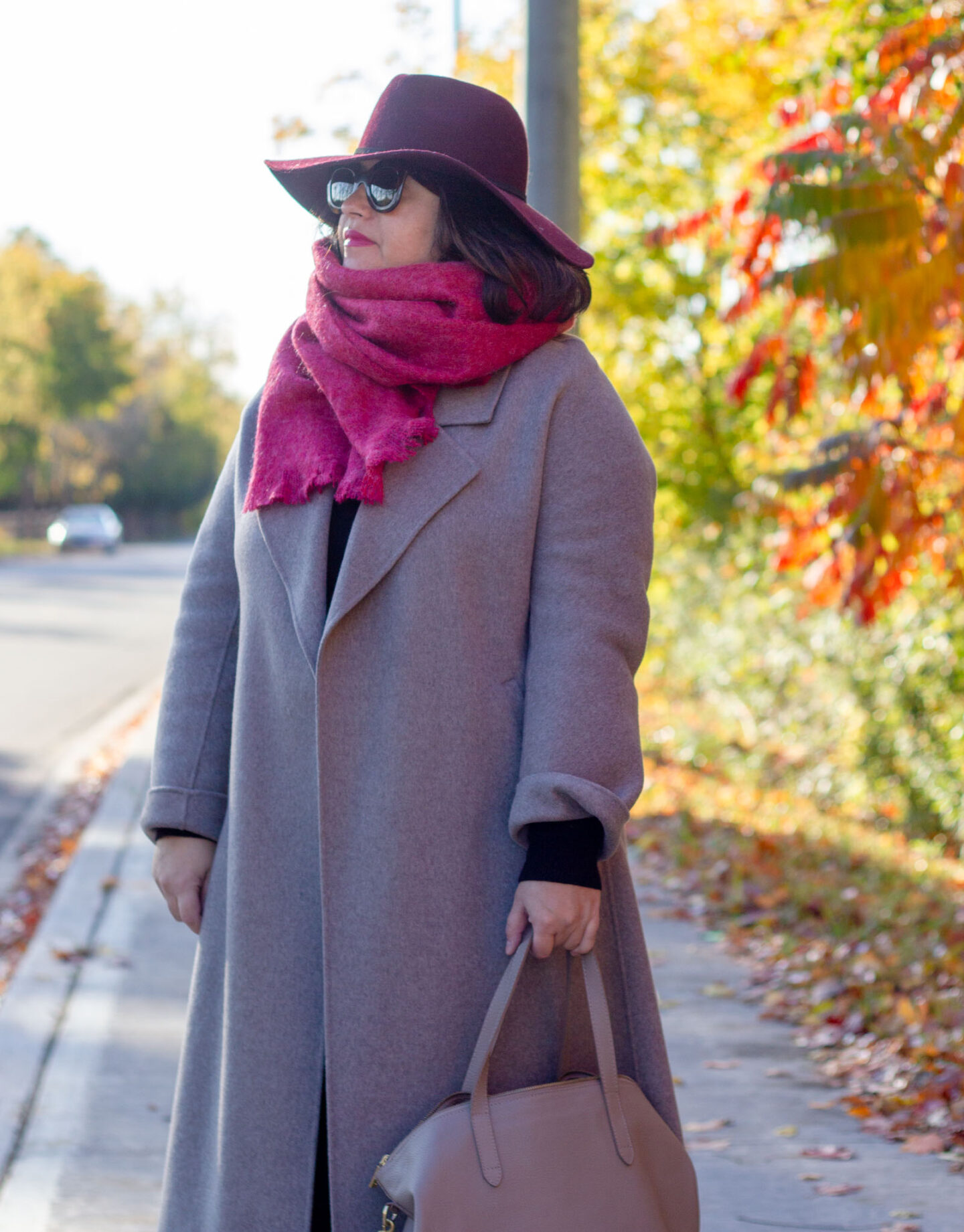tailored coat the curated, berry pink scarf