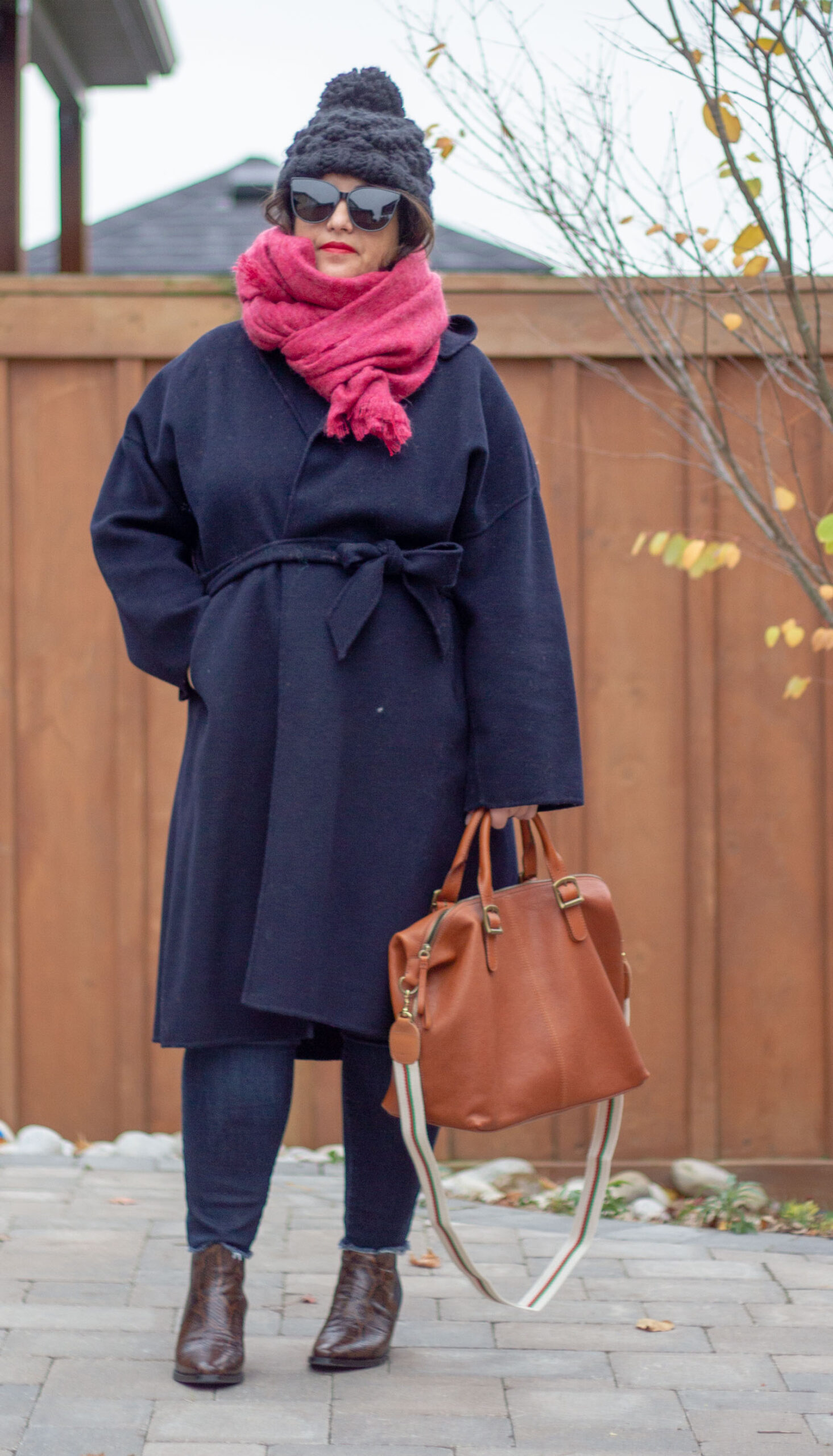 berry pink scarf outfit