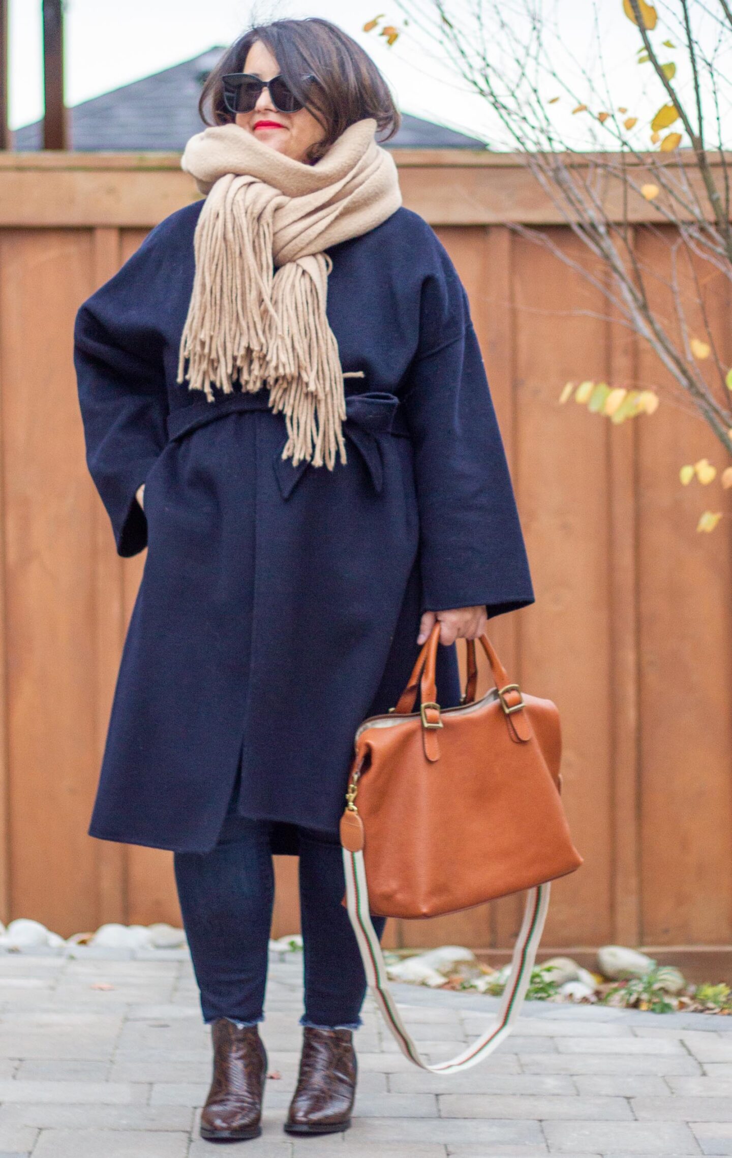 navy and camel outfit