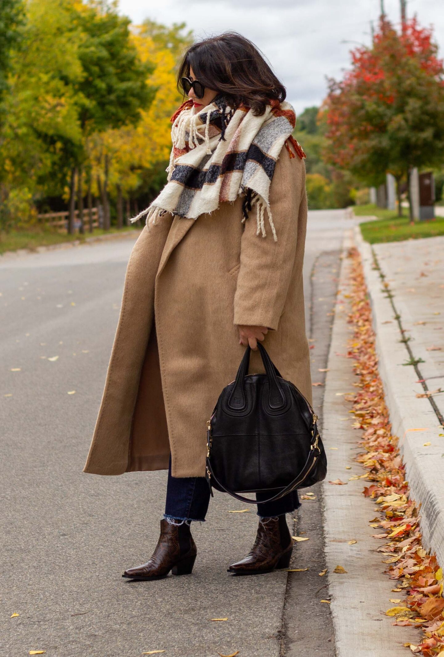 fall slouchy camel coat outfit
