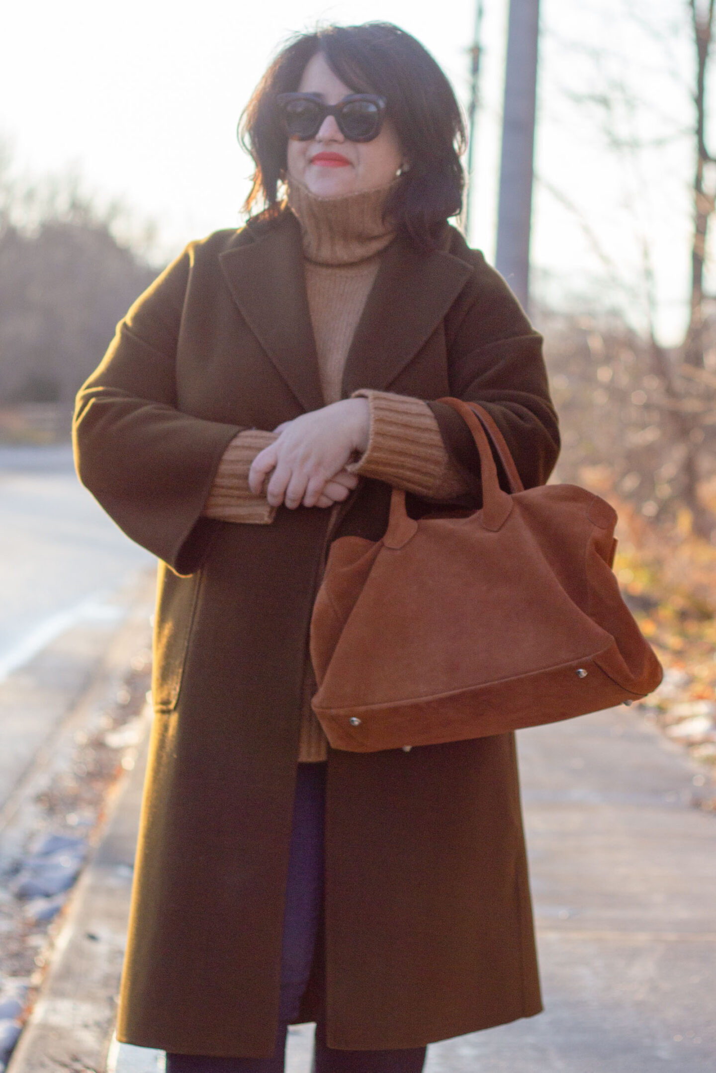curated coat in moss with brown turtlneck