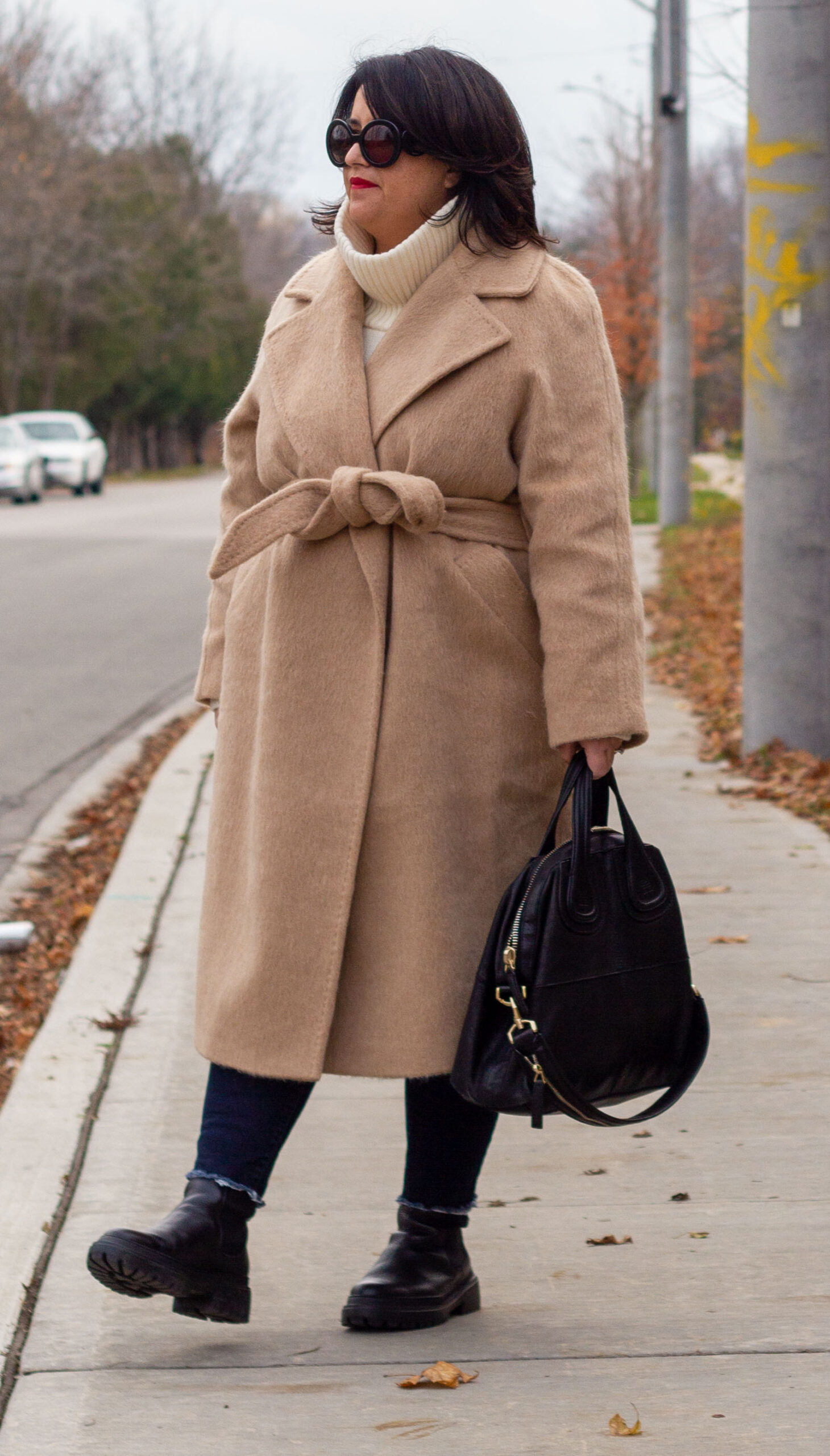 camel wrap coat, maguire cortana boots