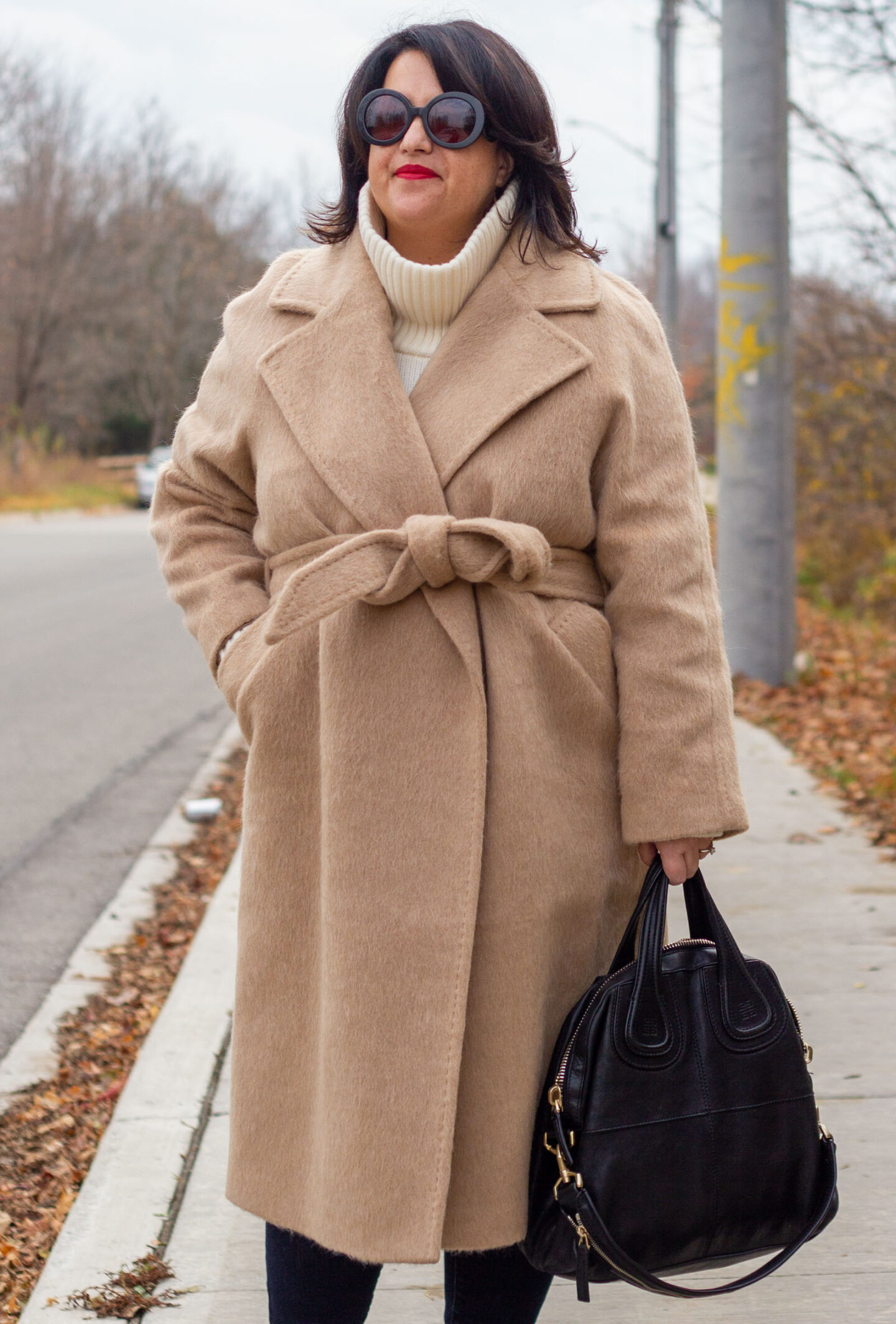 camel wrap coat outfit cream sweater