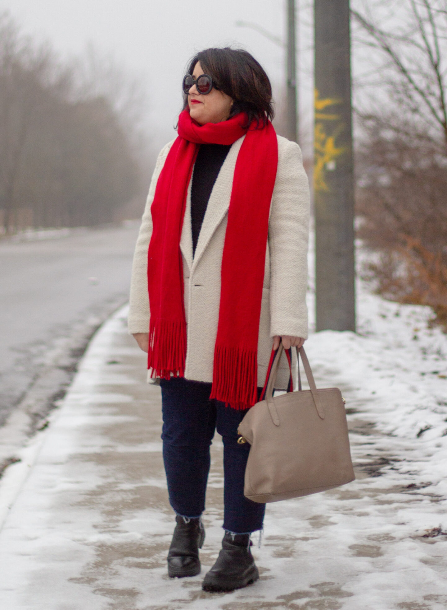 sezane harper coat, red scarf outfit with cropped jeans and chunky sole boots
