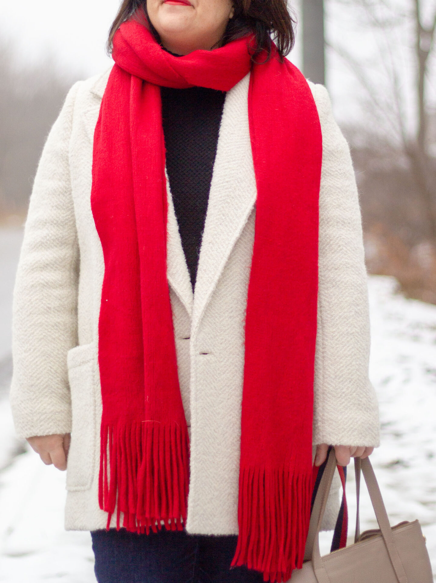 sezane harper coat, red scarf outfit