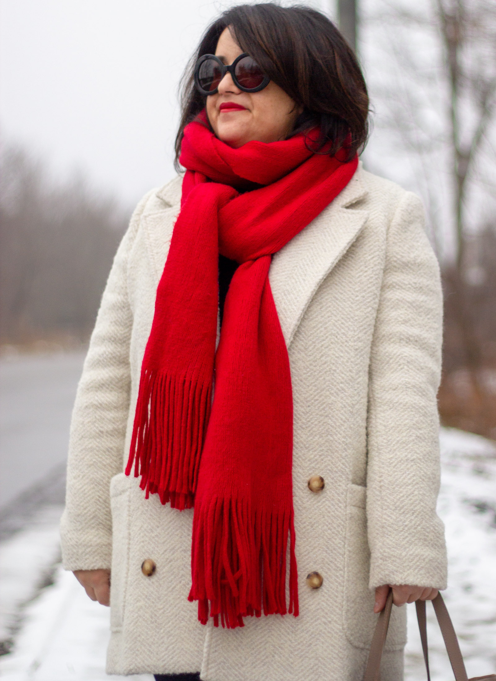 sezane harper coat, red scarf outif