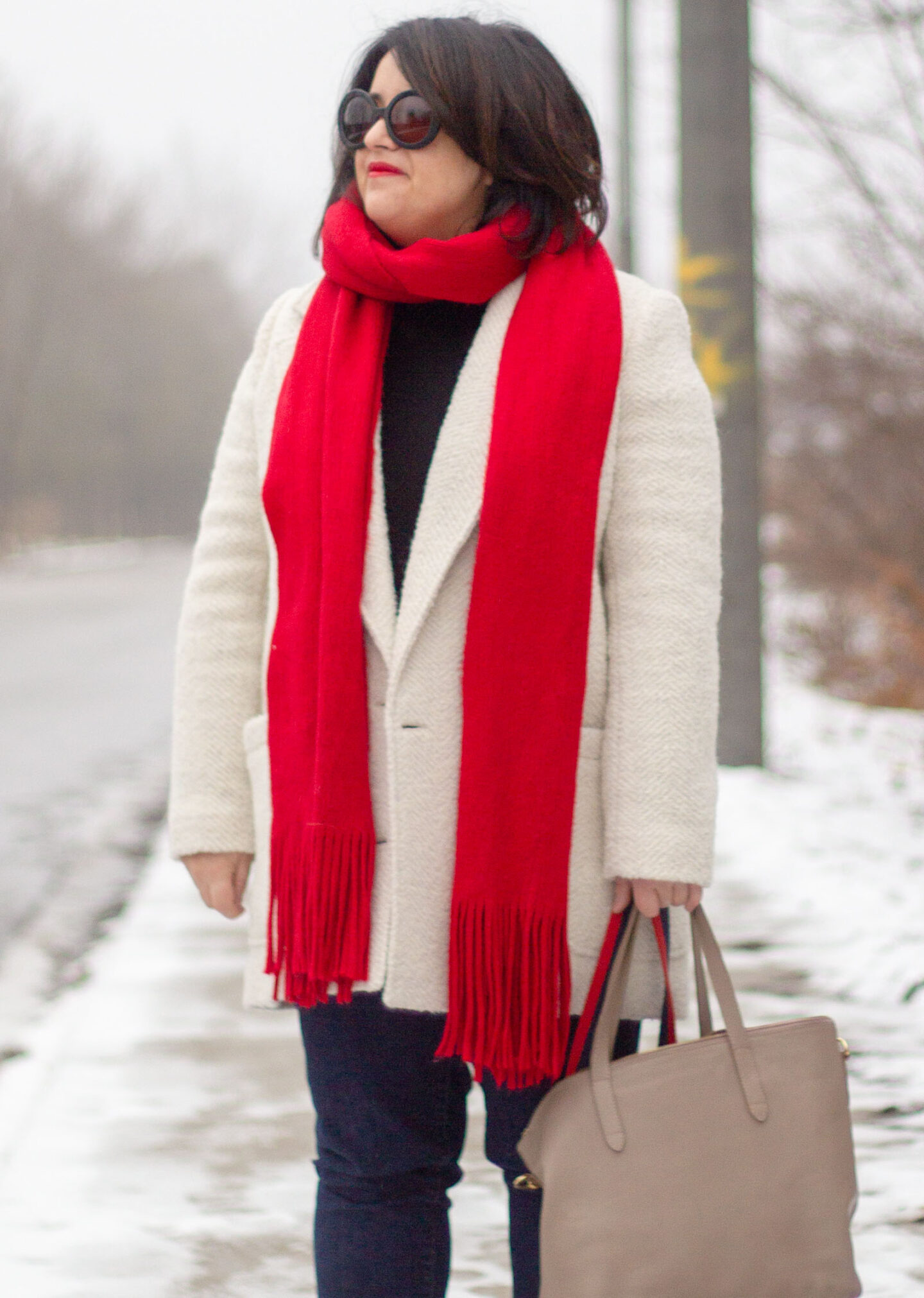 sezane harper coat, red scarf