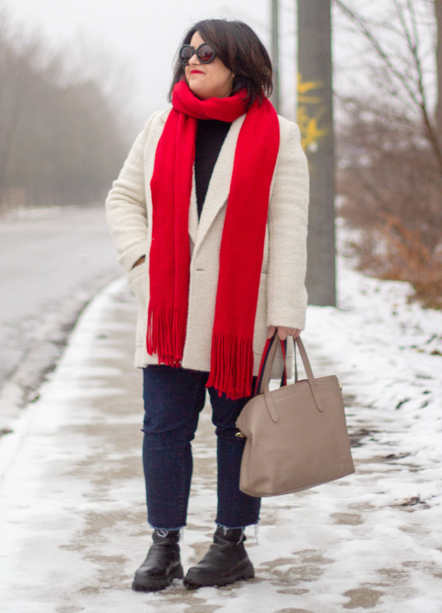 sezane harper coat, red scarf outfit with cropped jeans and chunky boots
