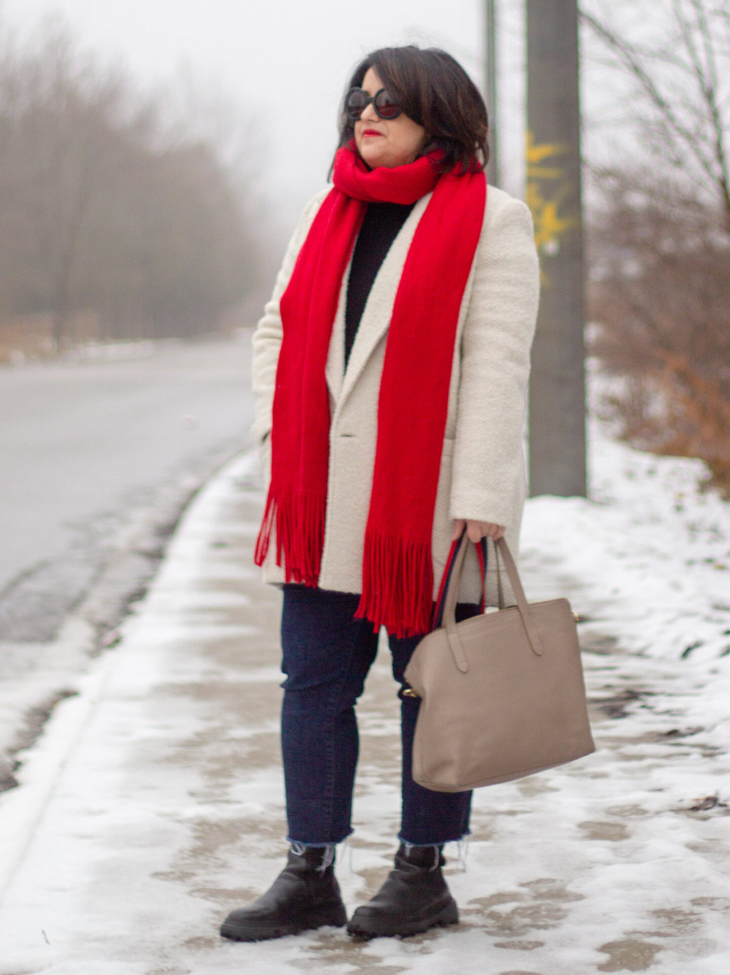 sezane harper coat, red scarf outfit