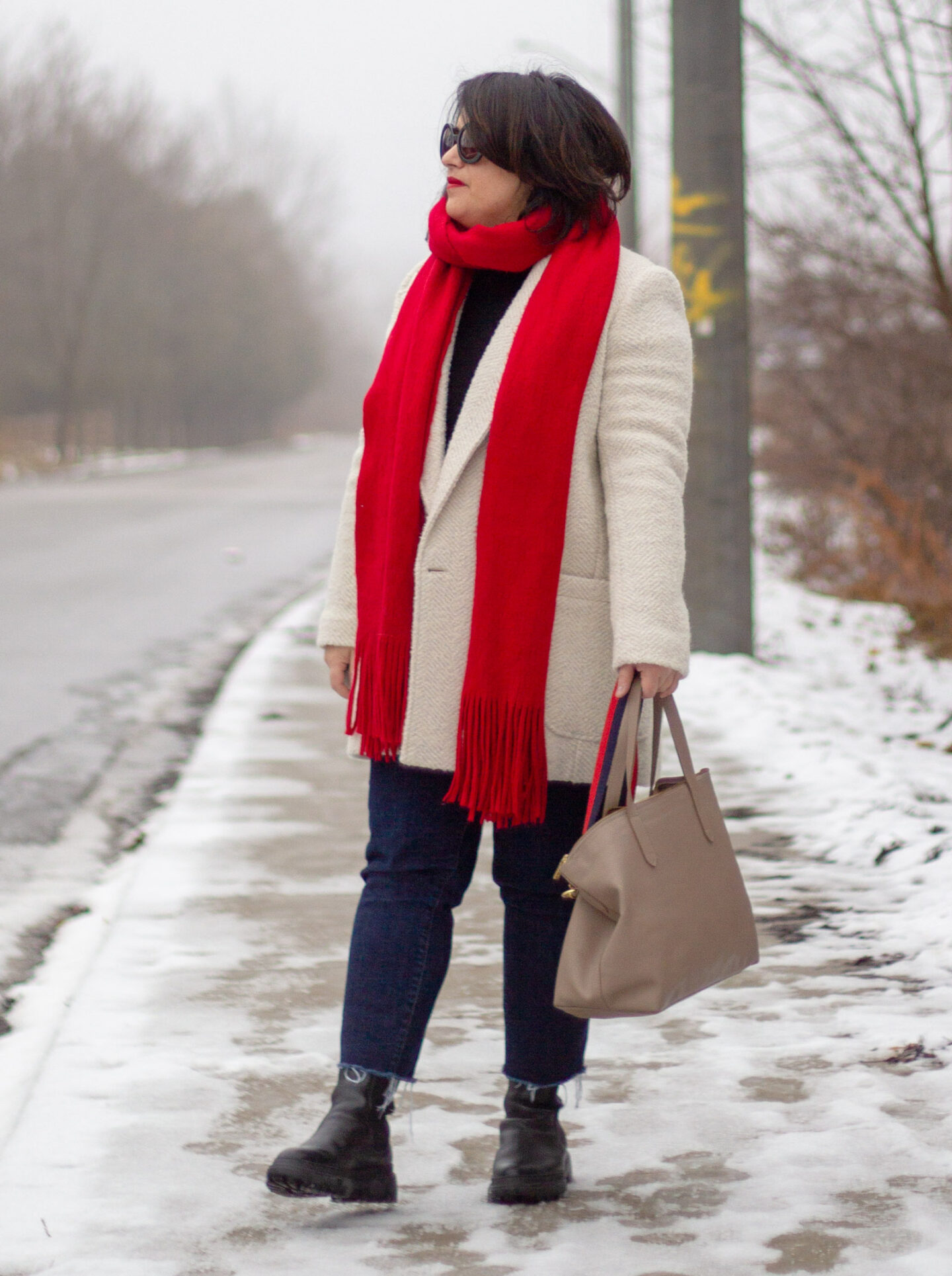 sezane harper coat, red scarf, cropped jeans, chunky sole boots