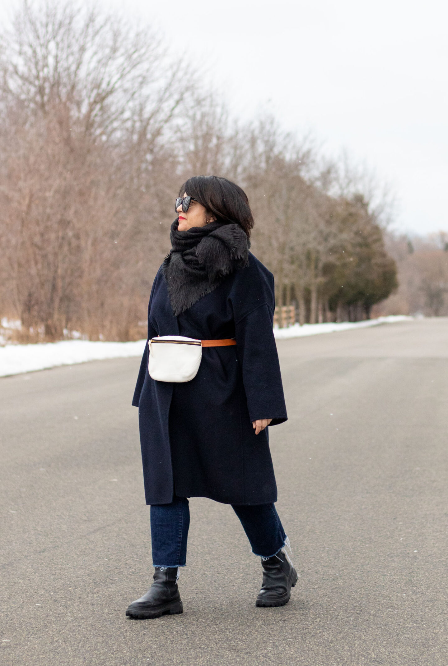 navy wrap coat, clare v belt back, winter belt bag outfit