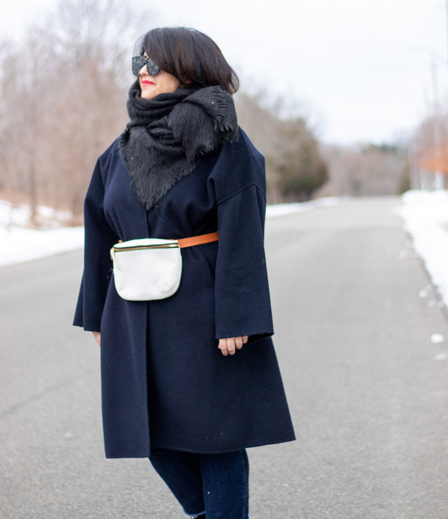 navy wrap coat, winter belt bag outfit