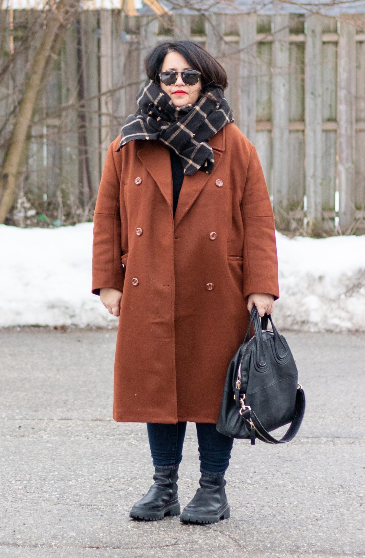 brown h&m coat, black window pane check scarf