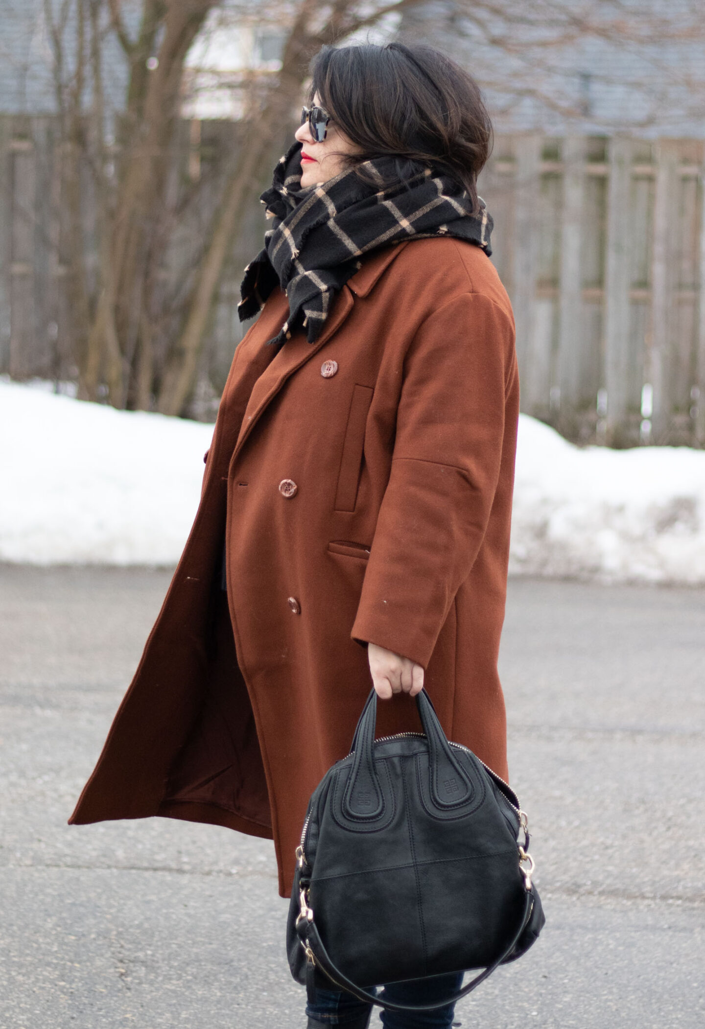 brown coat, window pane scarf outfit