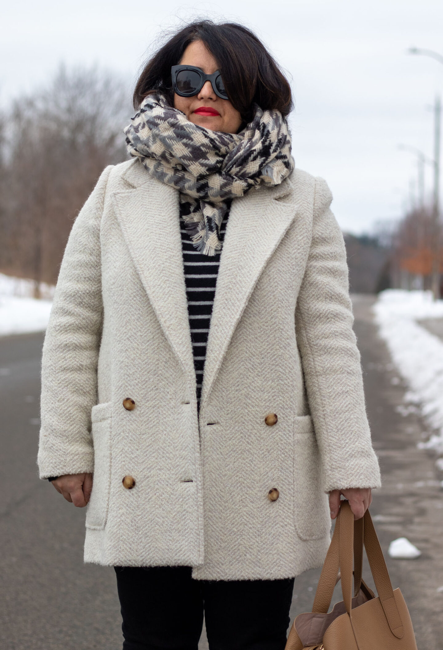 sezane coat, hm scarf, neutral outfit