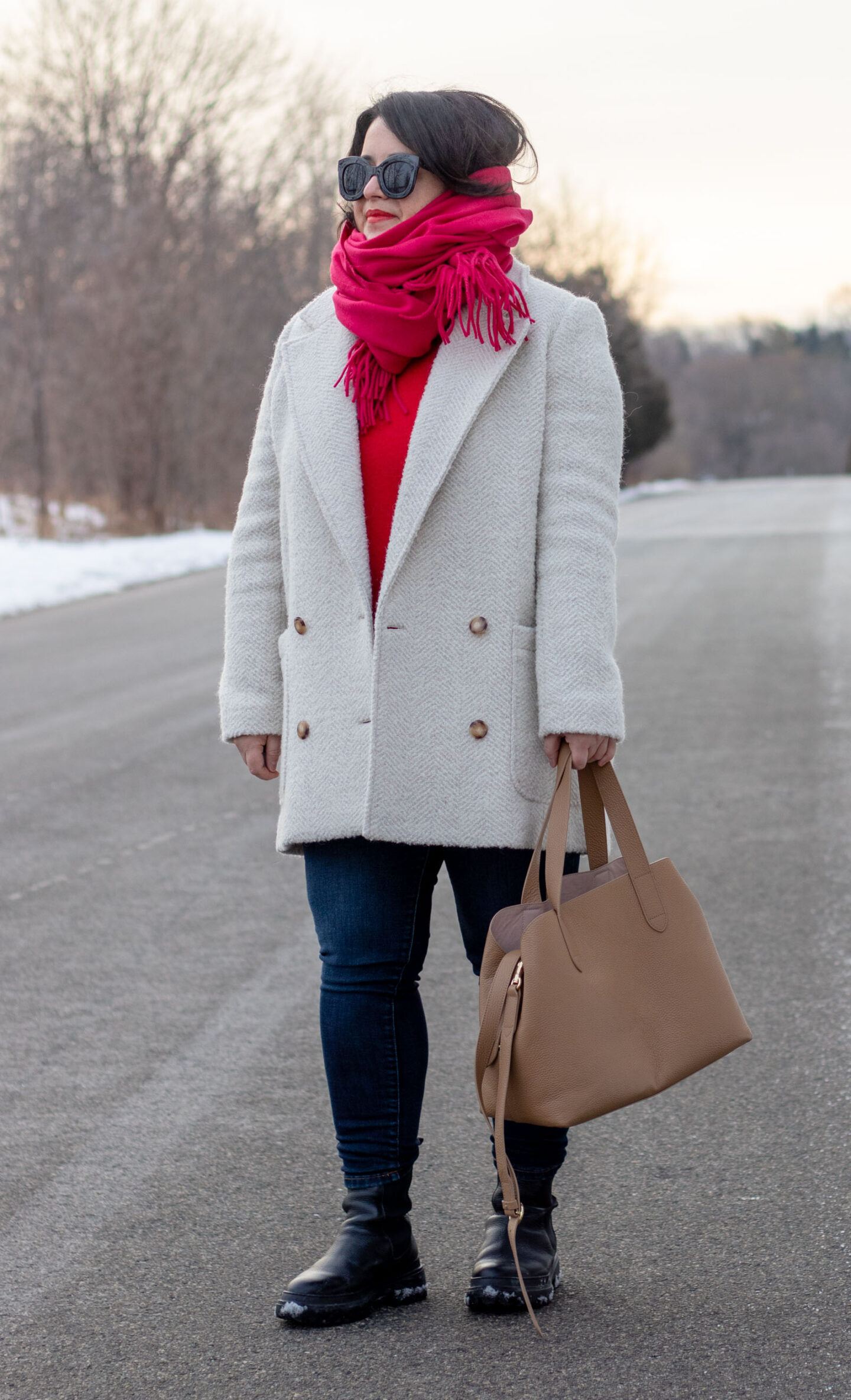 sezane coat, red white and pink outfit