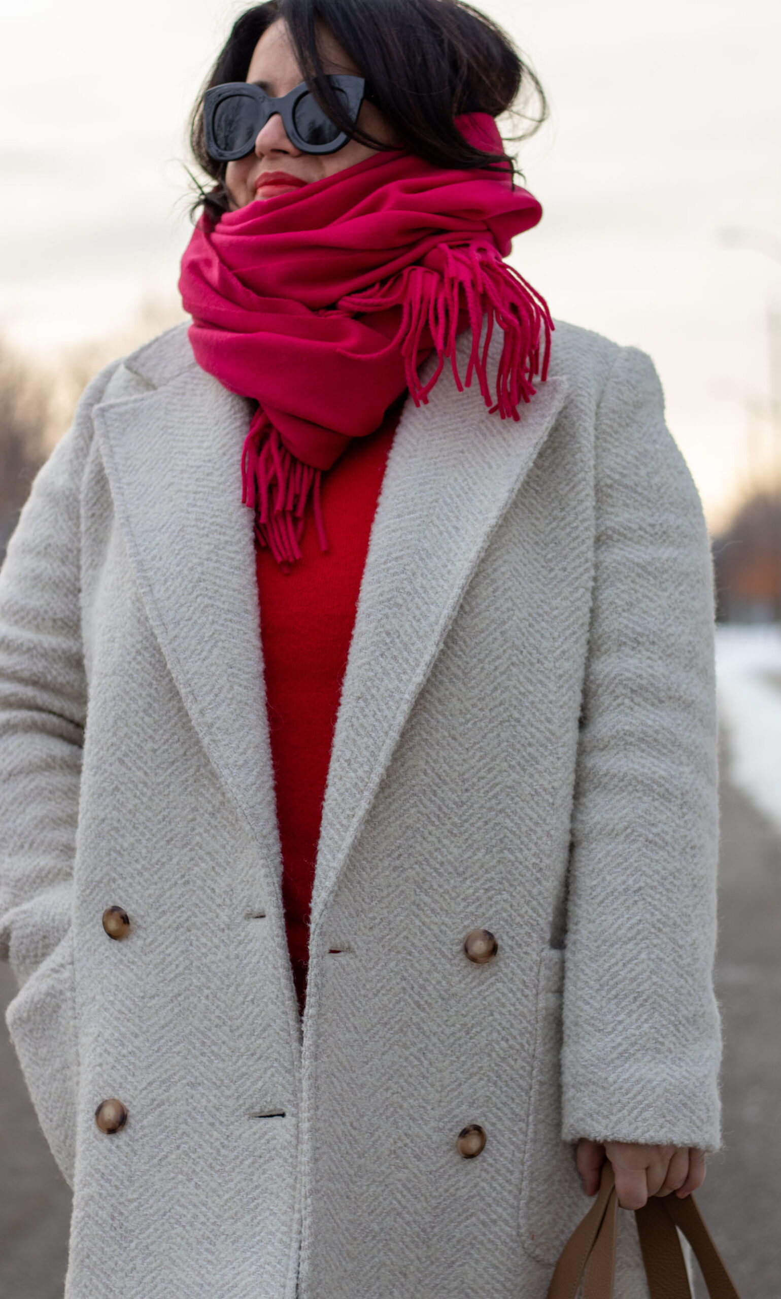 sezane coat, rag and bone scarf, red pink and white outfit