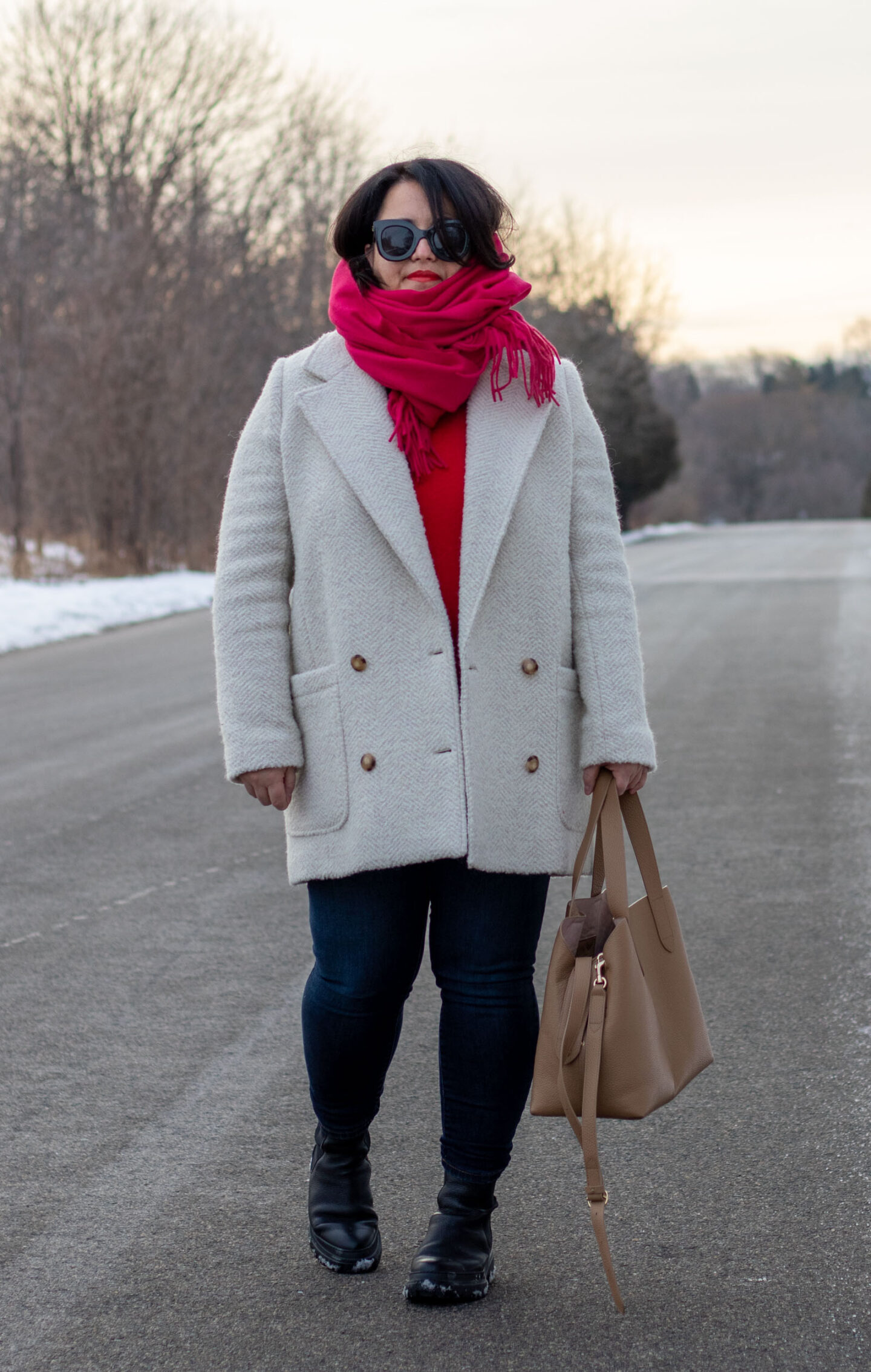 pink and red valentines day outfit, sezane coat