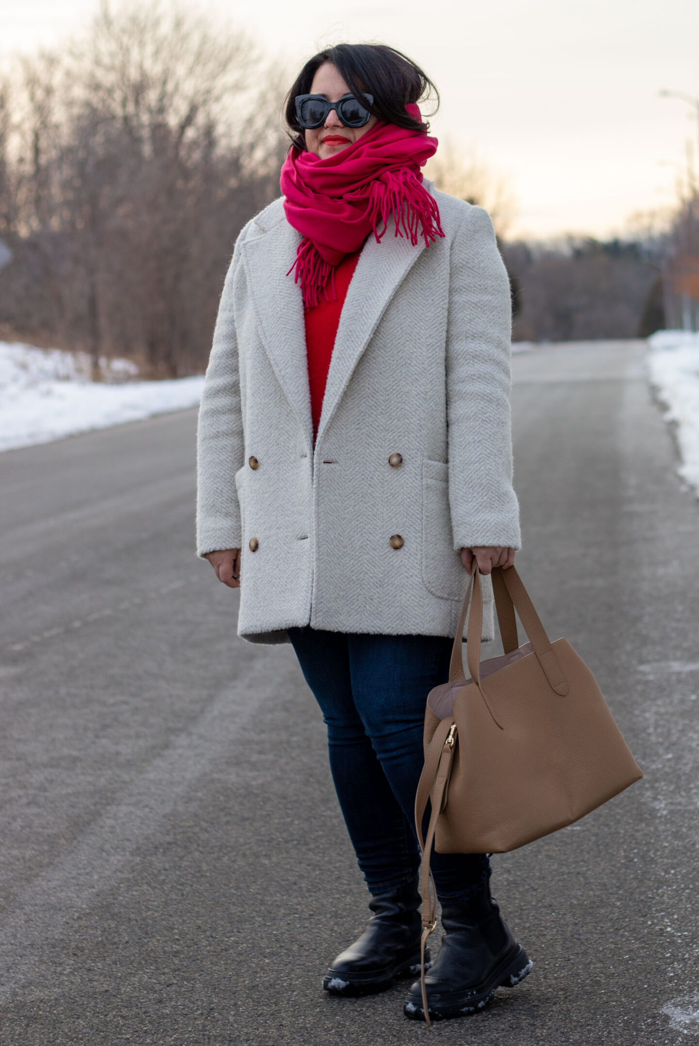 pink red and white outfit, valentines day outfit, sezane coat