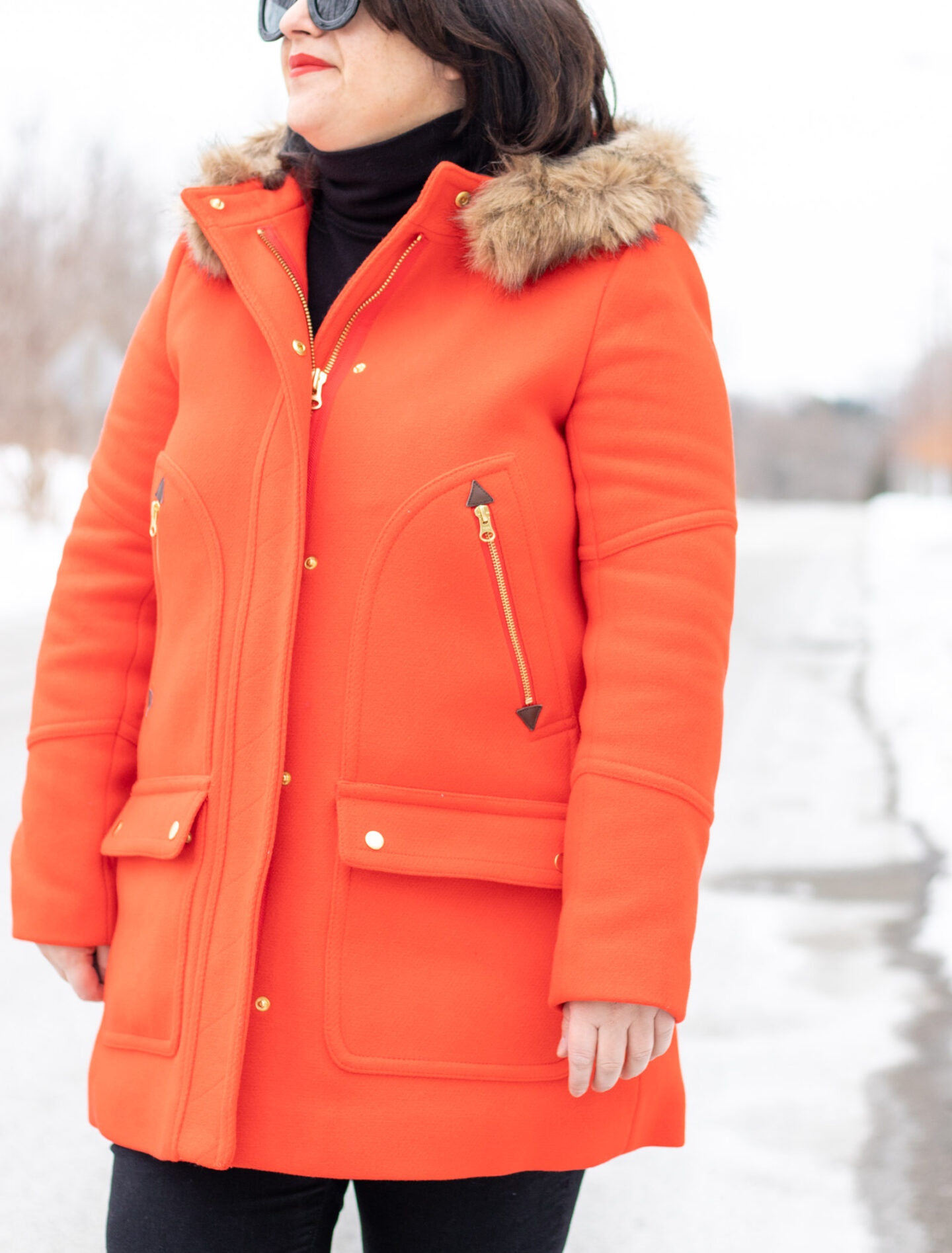 red coat with black outfit