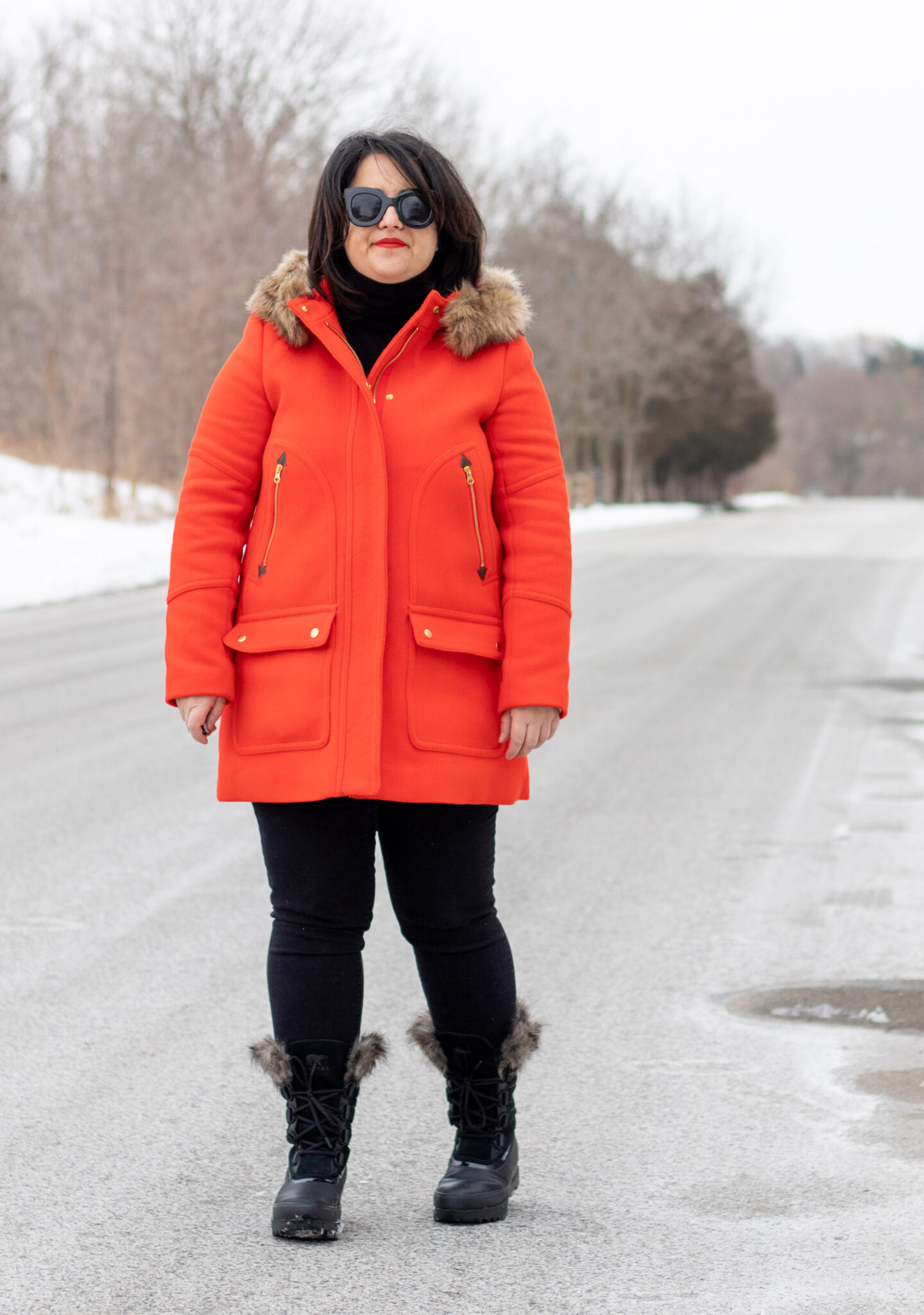 red and black, jcrew chateau parka