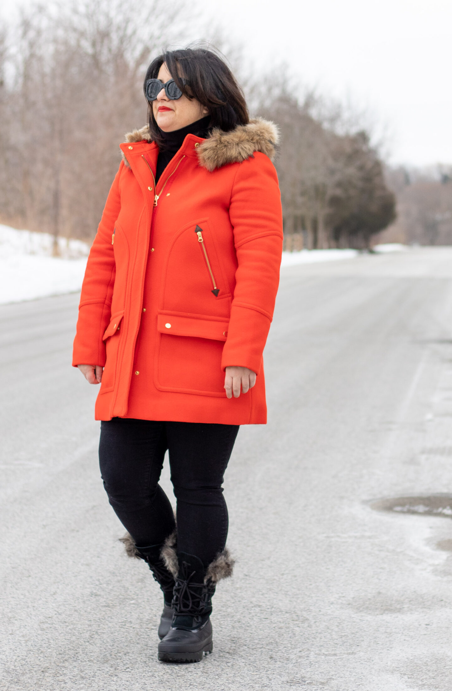 red and black winter outfit, jcrew chateau parka