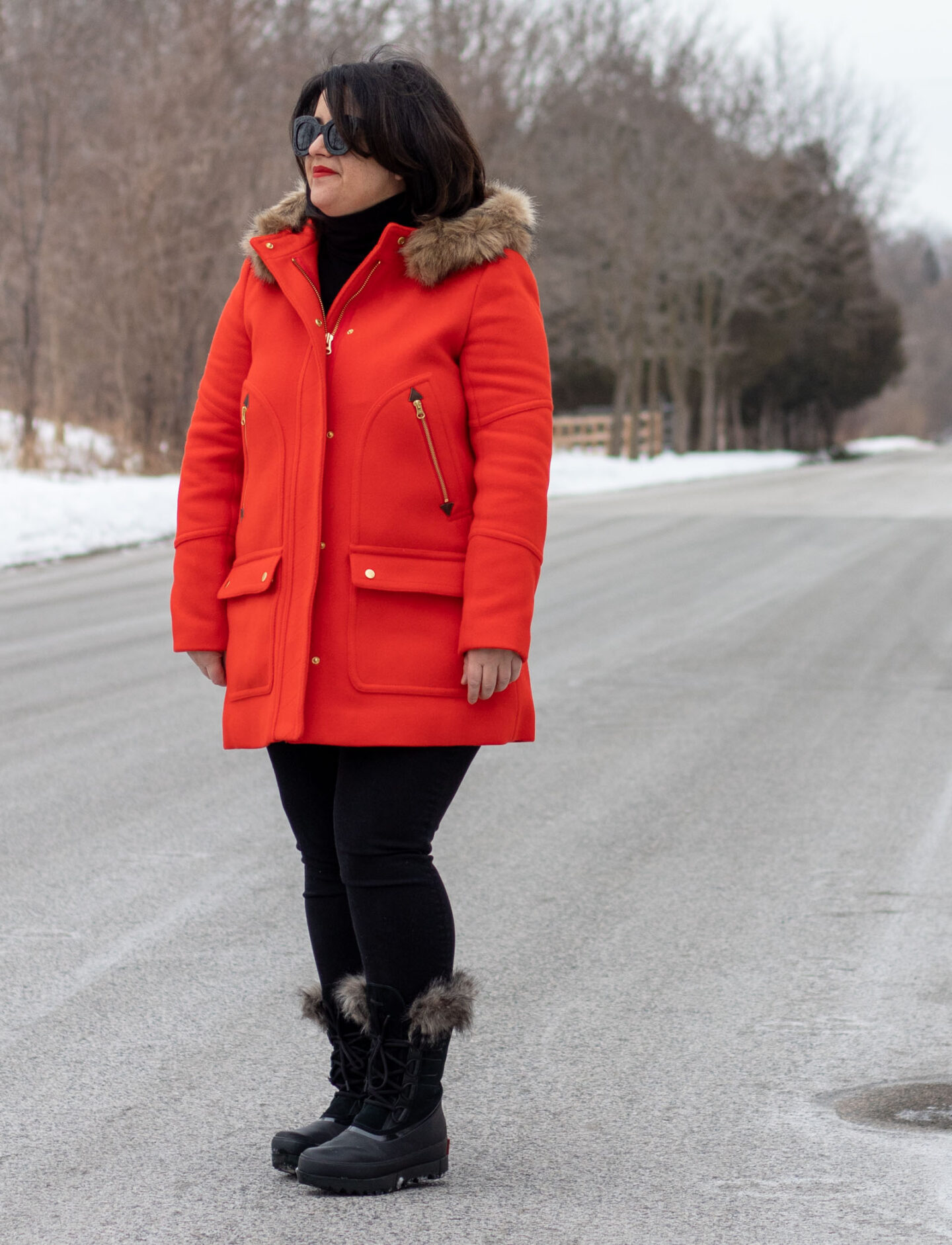 red and black outfit, jcrew chateau parka