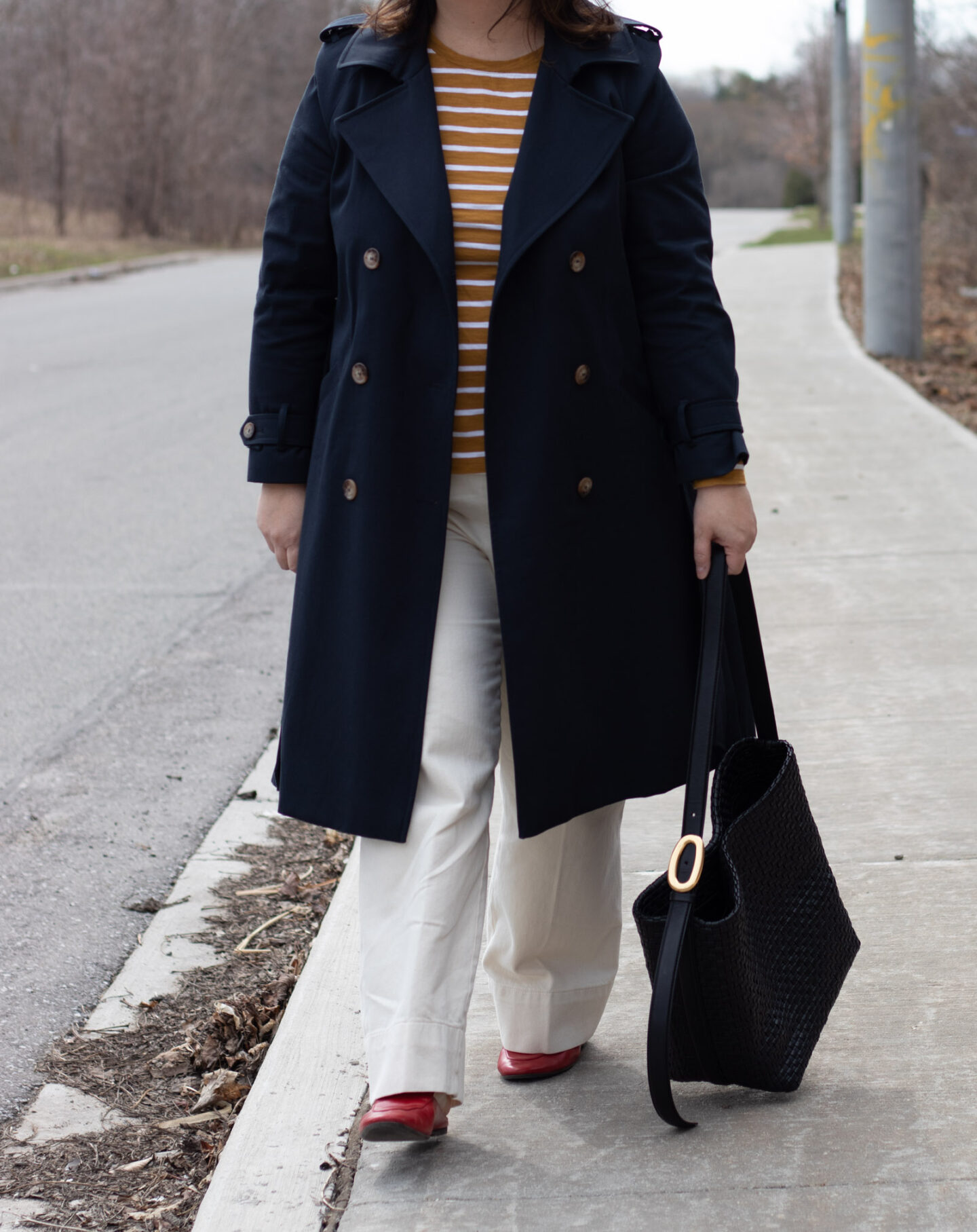 sezane trench coat and wide leg jeans