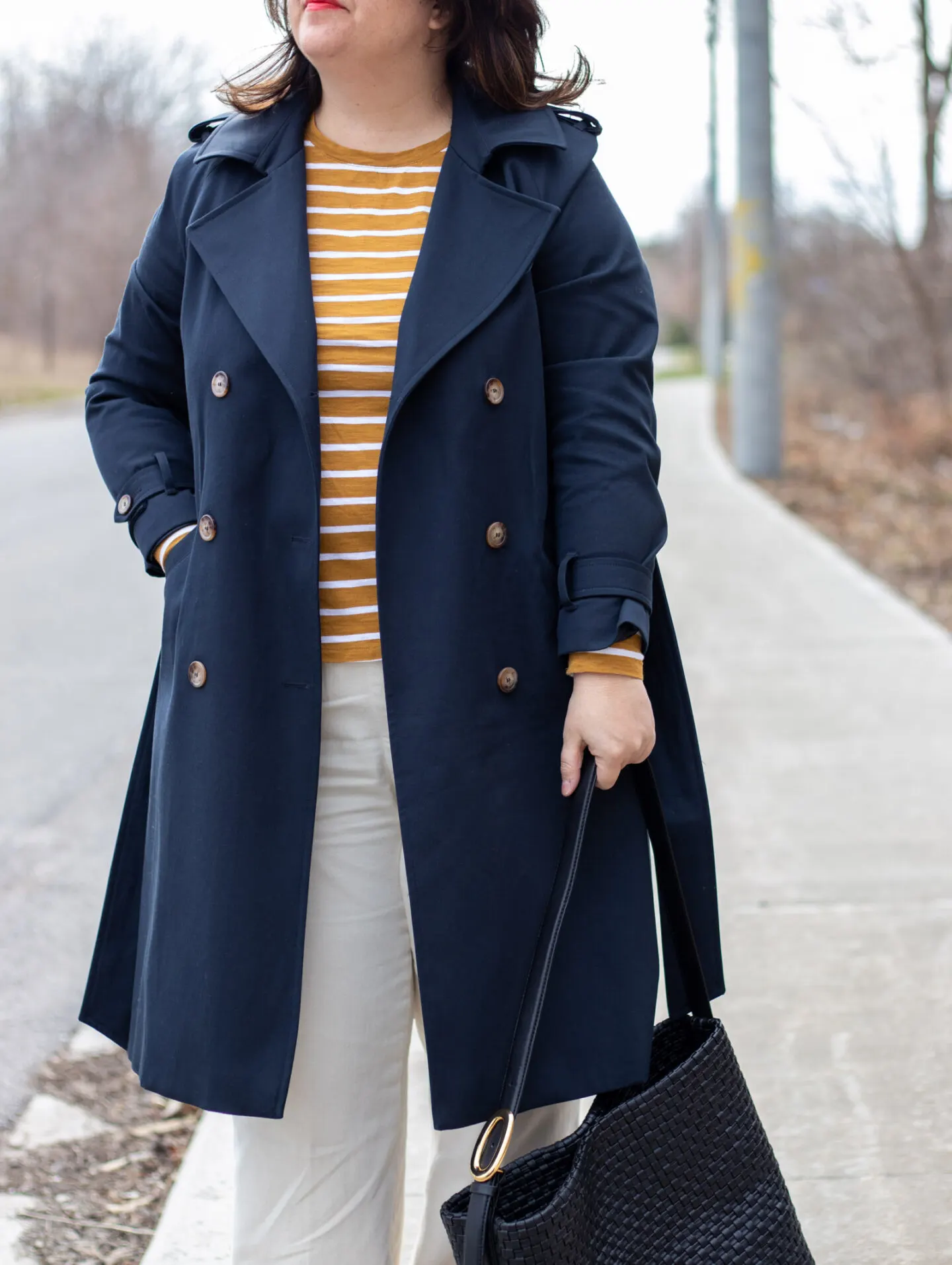 sezane navy trench coat, white wide leg jeans outfit