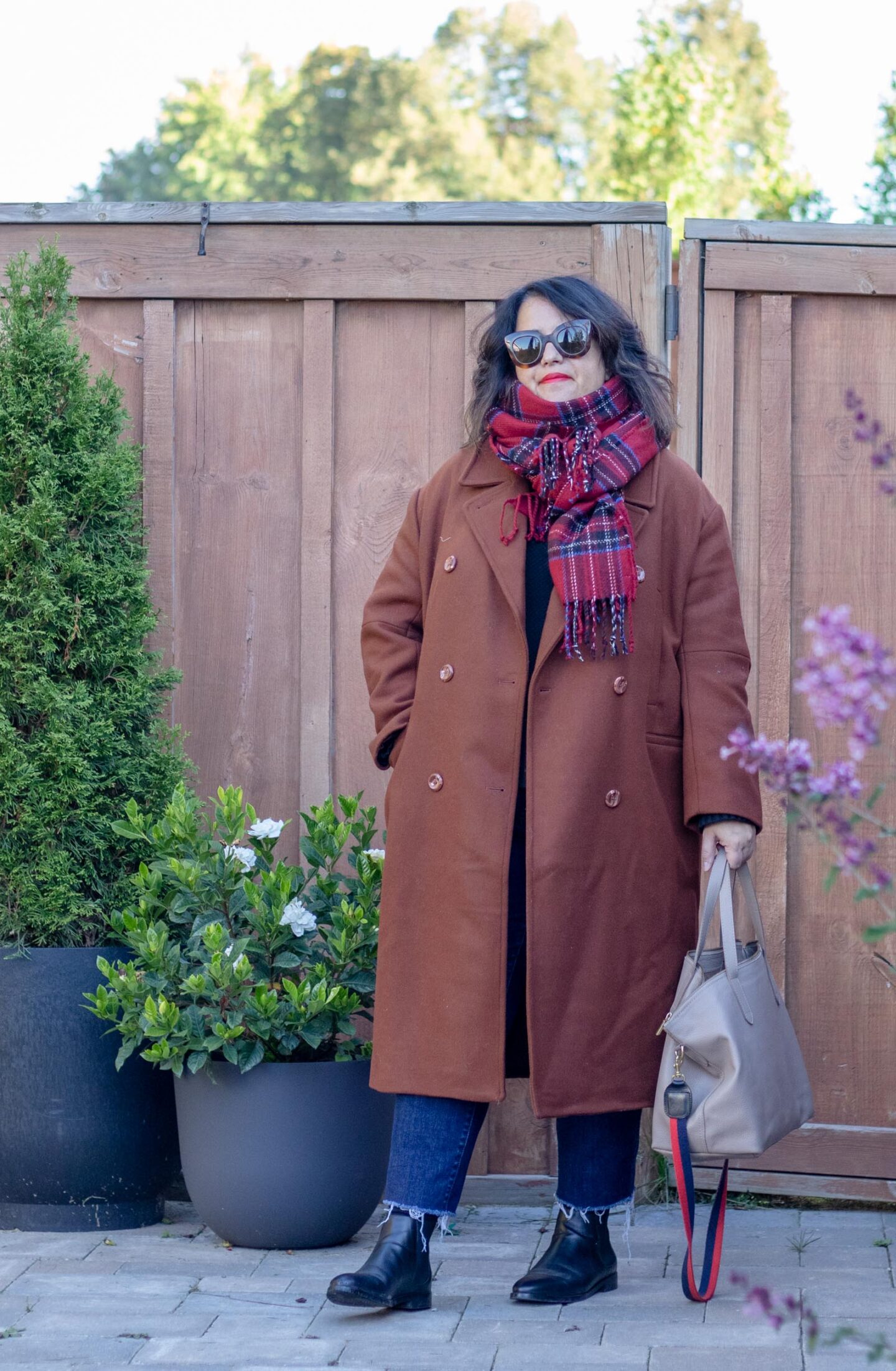 chestnut brown coat with plaid scarf outfit