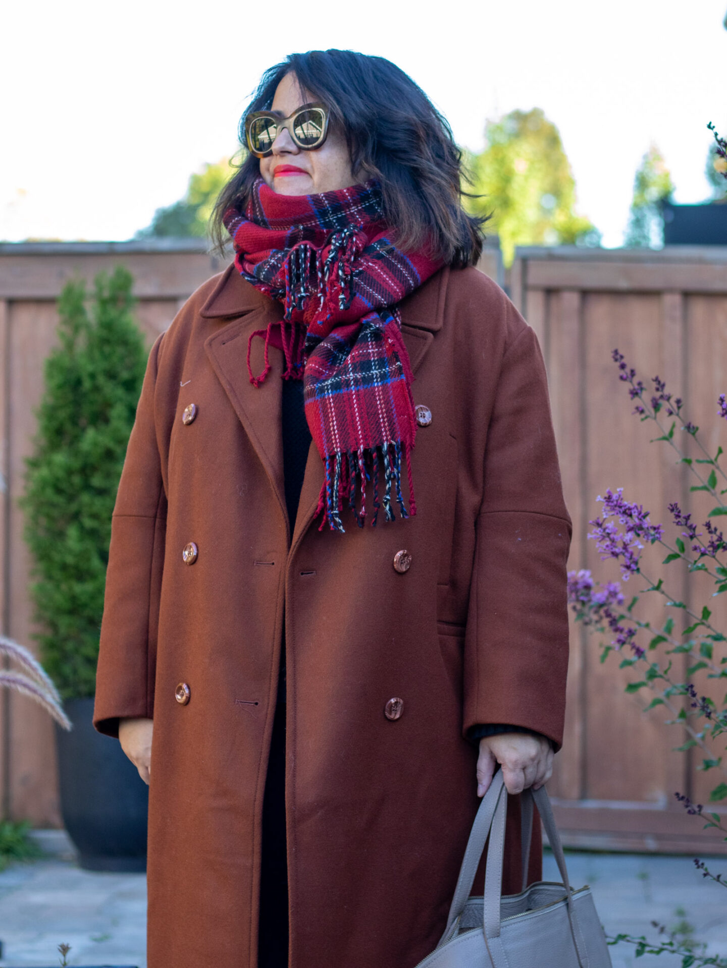 chestnut brown coat red plaid scarf outfit