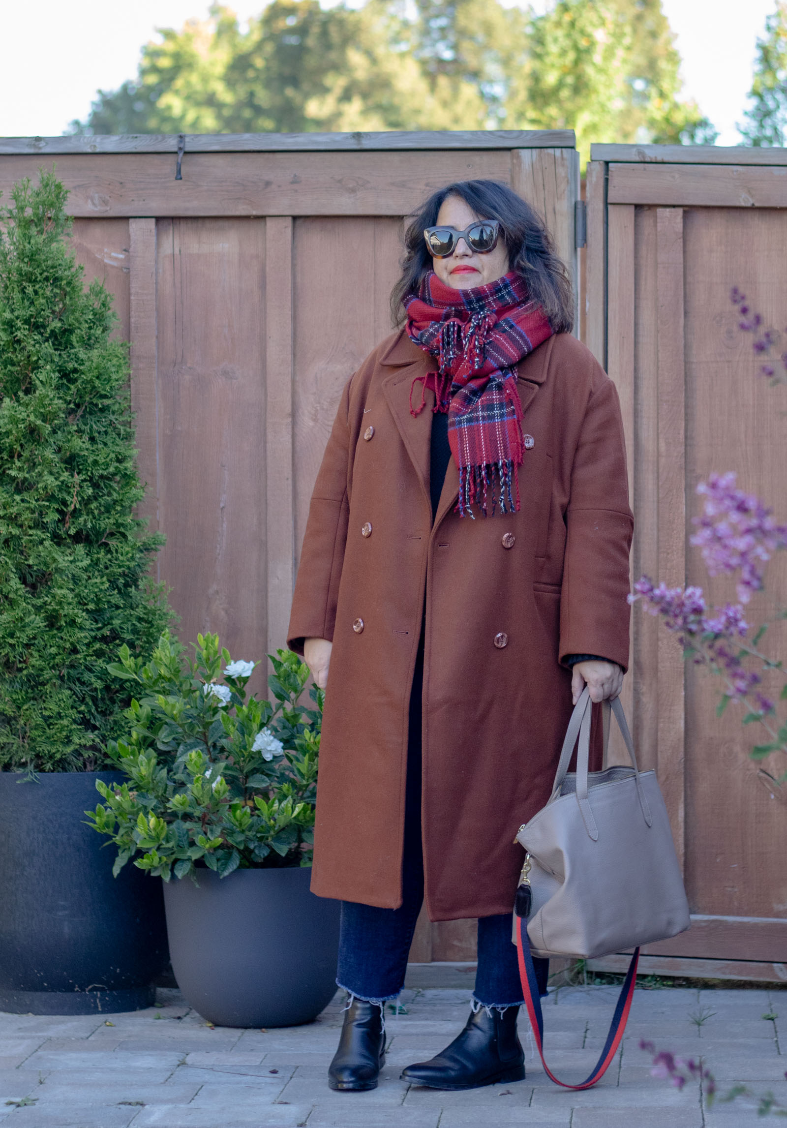 chestnut brown coat red plaid scarf outfit