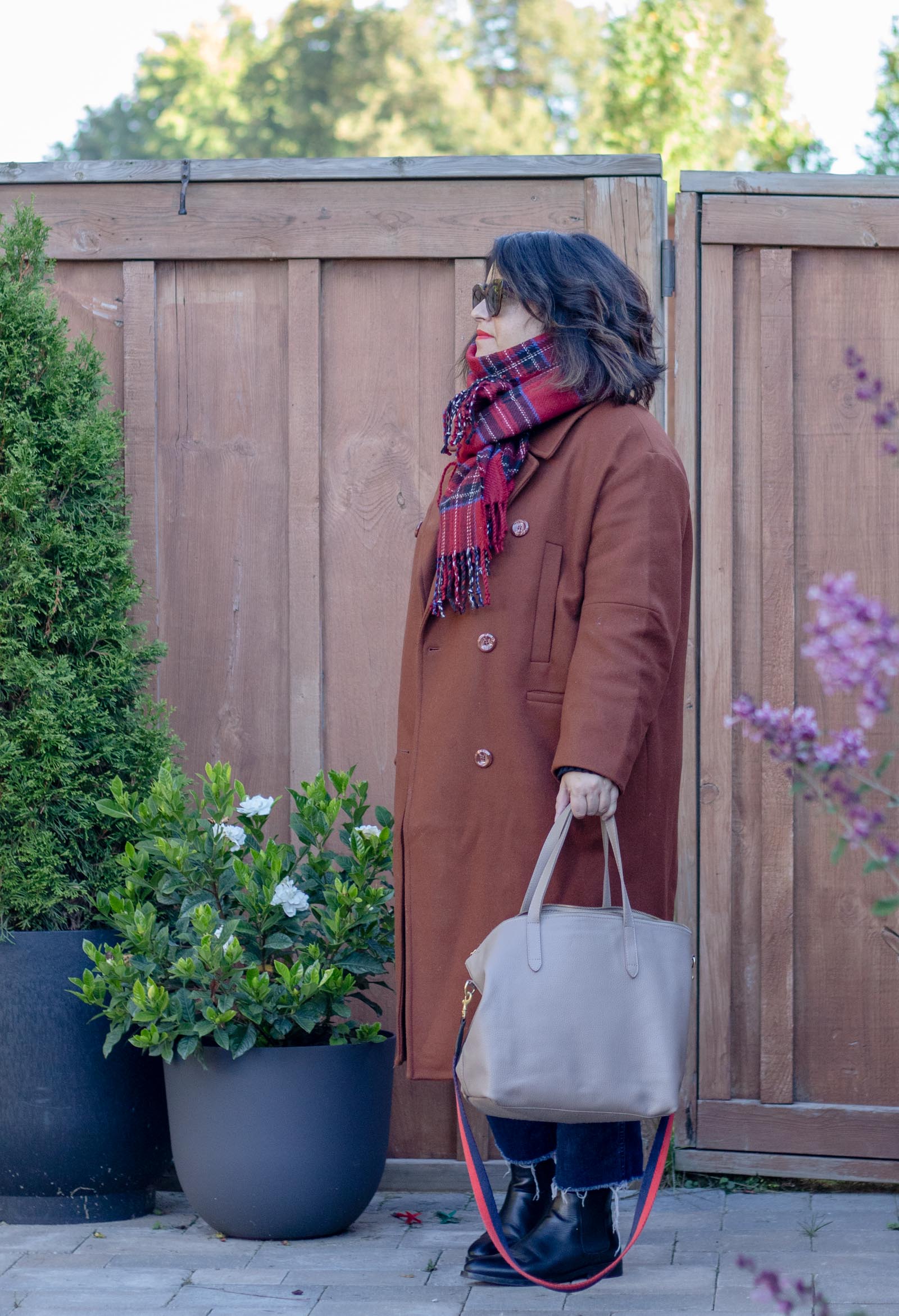 brown wool coat plaid scarf